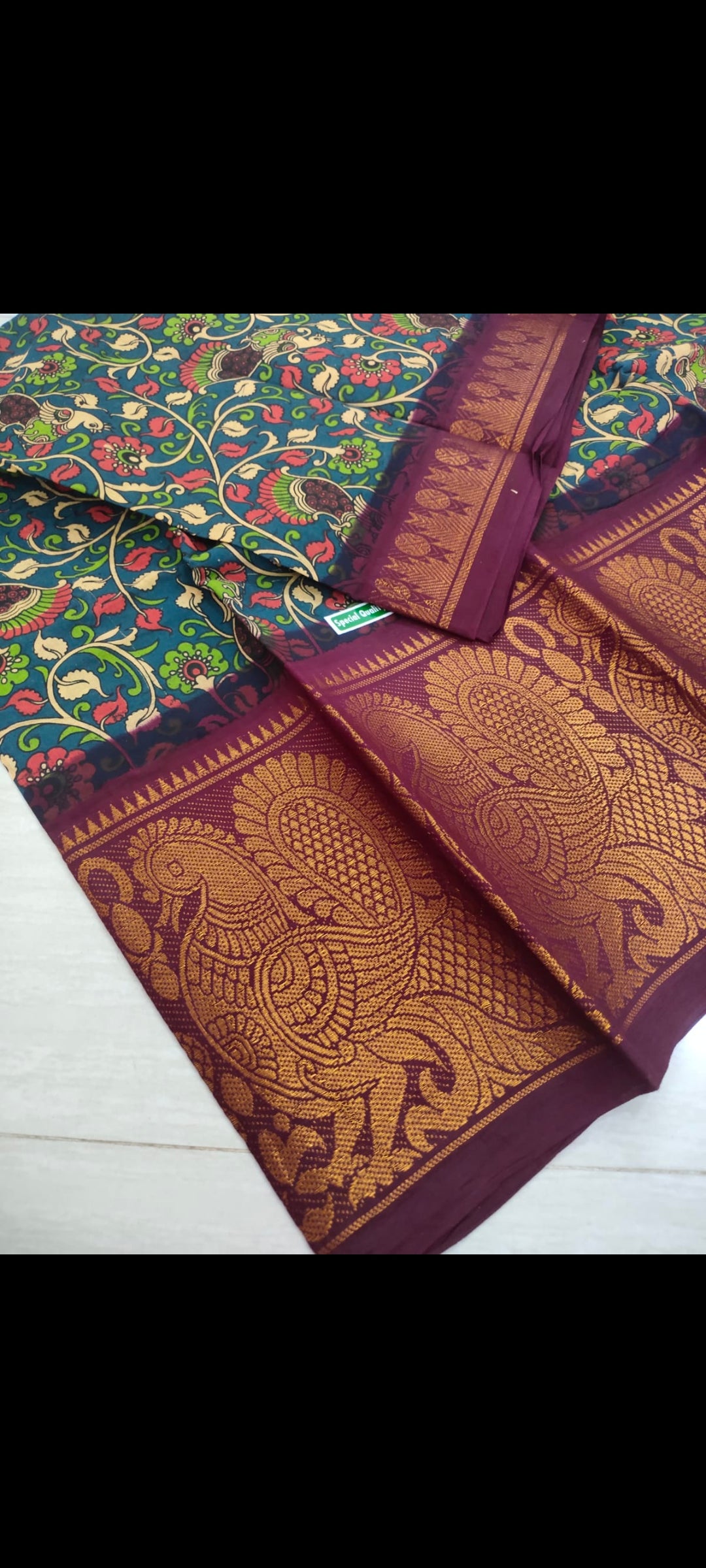 Mayuri Sungudi Kalamkari print Cotton Saree with big border