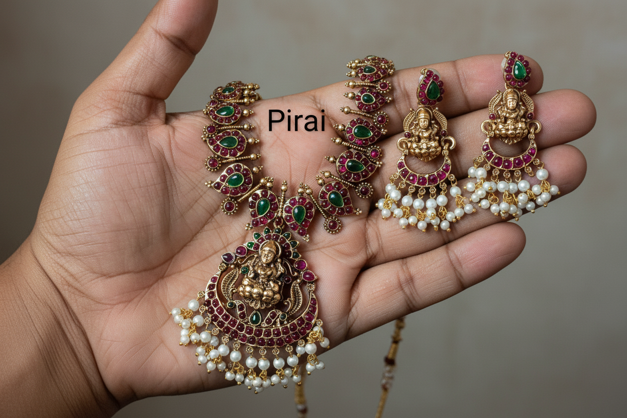 Beautiful antique Lakshmi set with red green stones and pearl