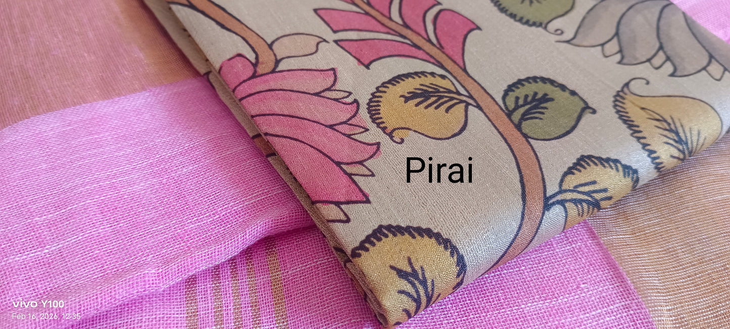 Pure Cotton Linen big Zari border saree with Kalamkari blouse material combo