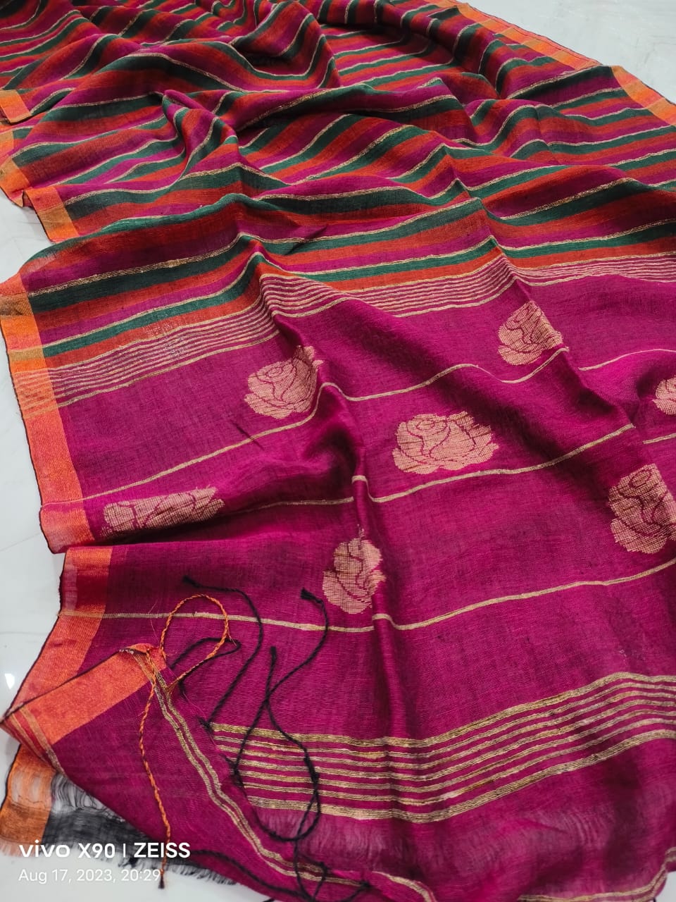 Linen Handloom Saree Rose pallu