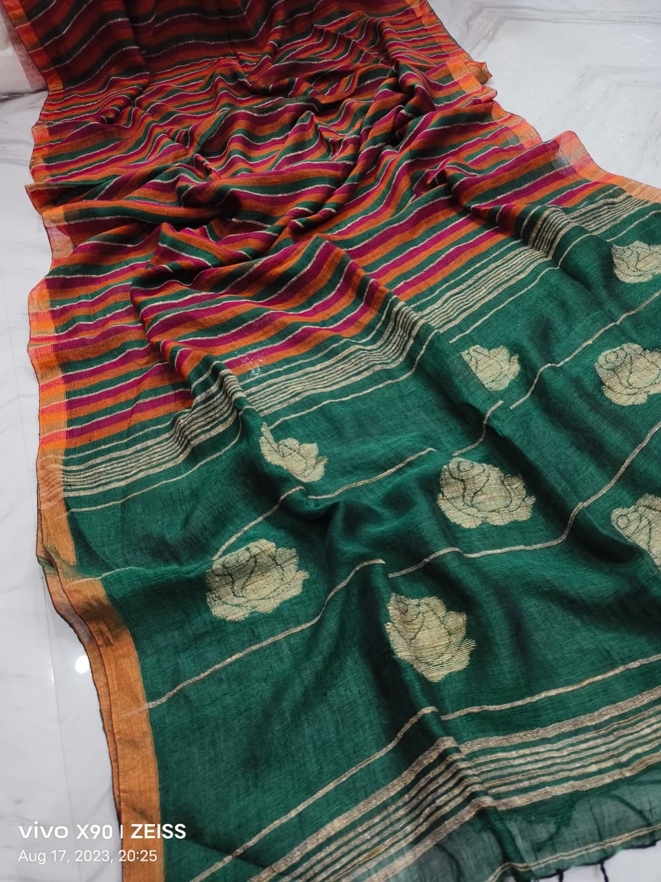 Linen Handloom Saree Rose pallu