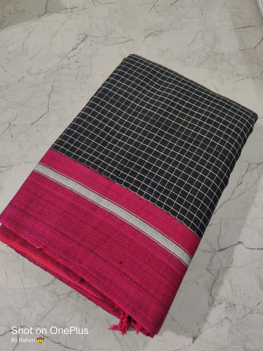 Pure Khadi Cotton Mini check Ganga Jamuna Border Handloom saree