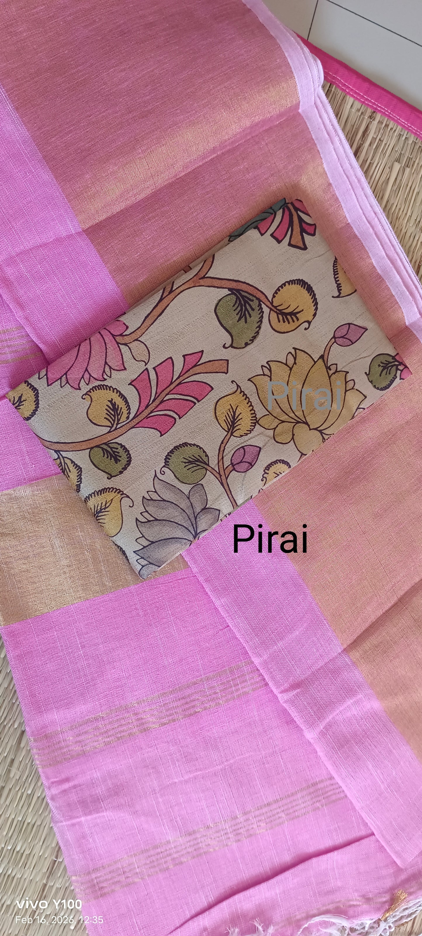 Pure Cotton Linen big Zari border saree with Kalamkari blouse material combo