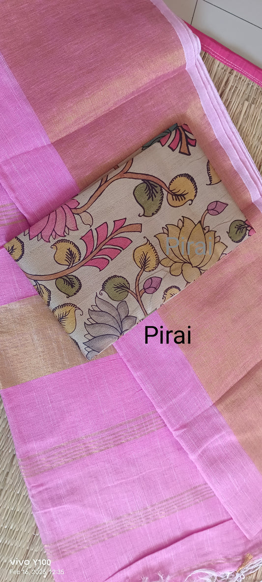 Pure Cotton Linen big Zari border saree with Kalamkari blouse material combo