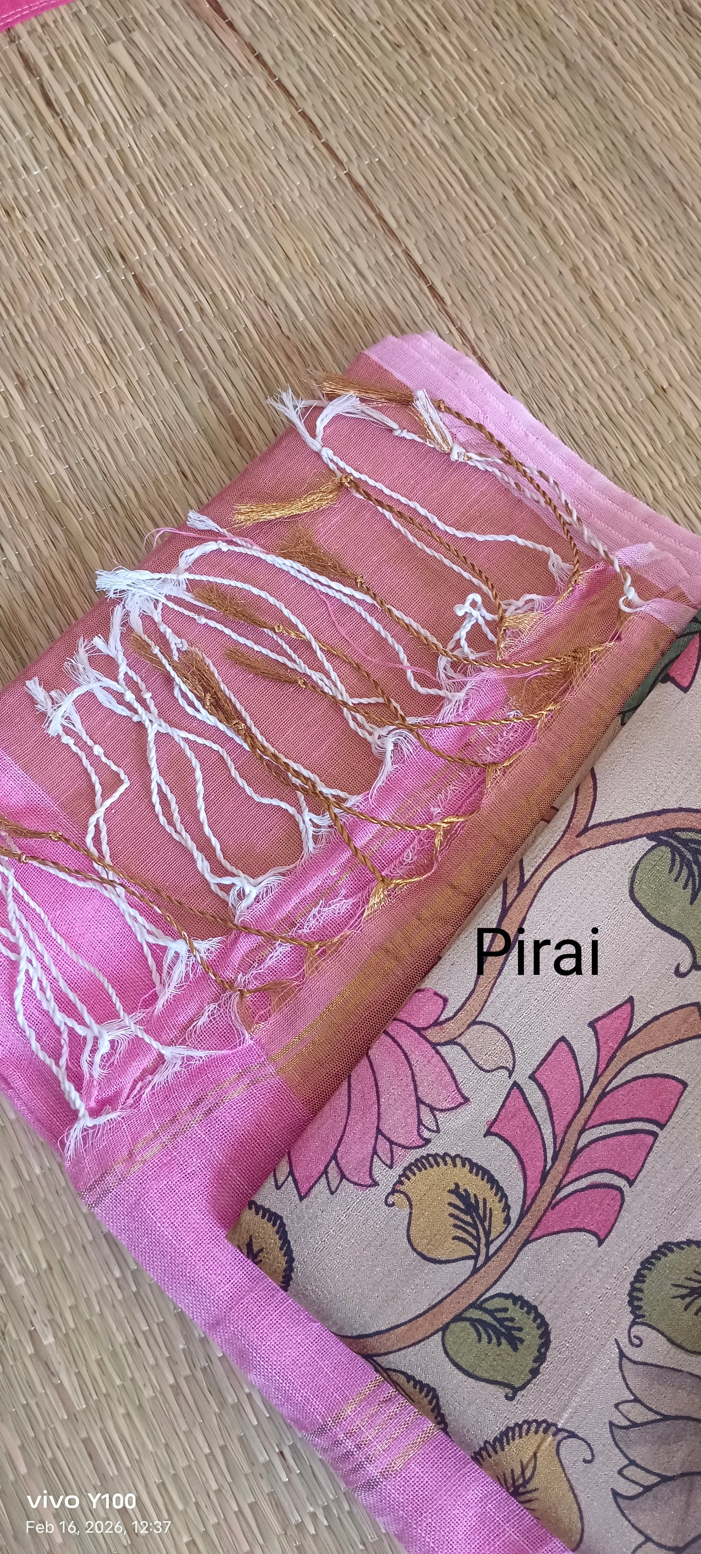 Pure Cotton Linen big Zari border saree with Kalamkari blouse material combo