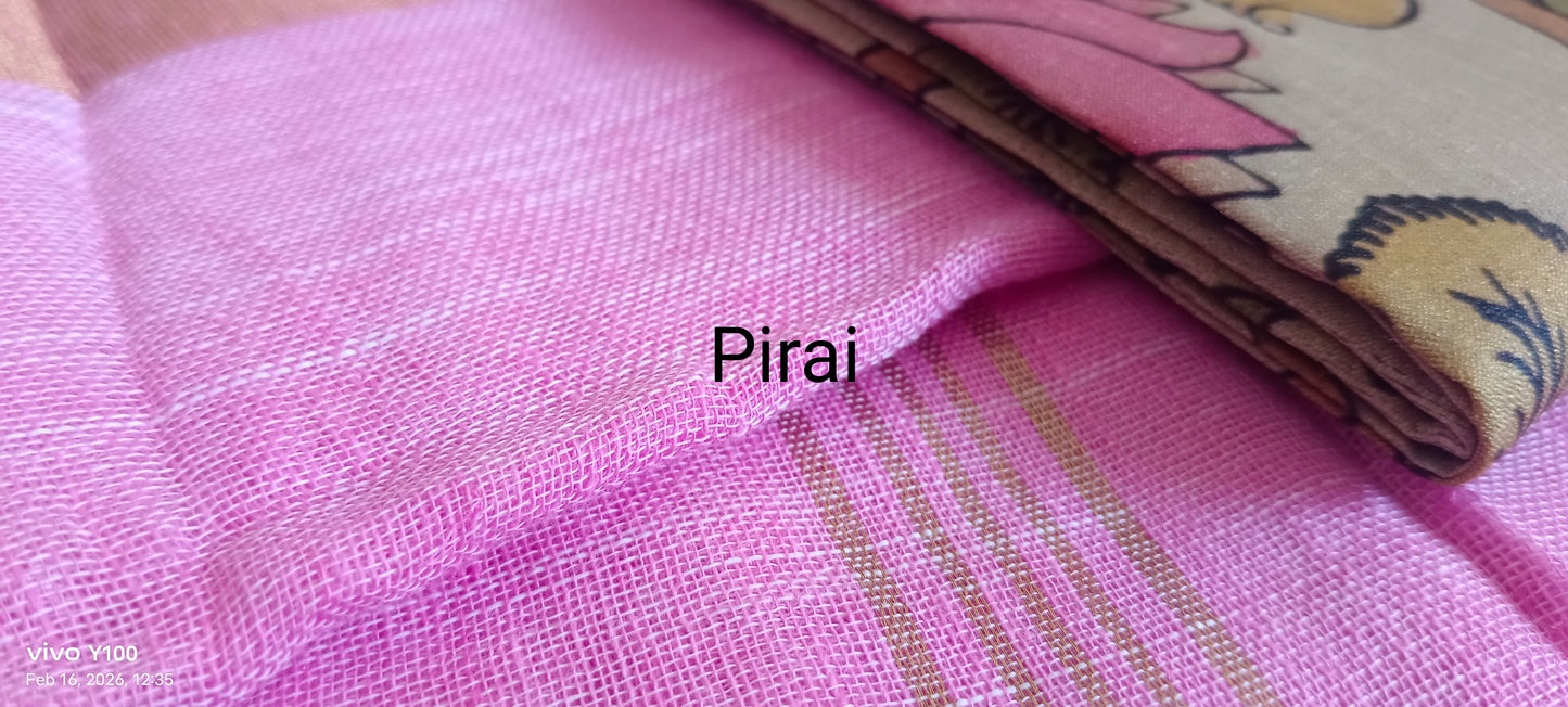 Pure Cotton Linen big Zari border saree with Kalamkari blouse material combo