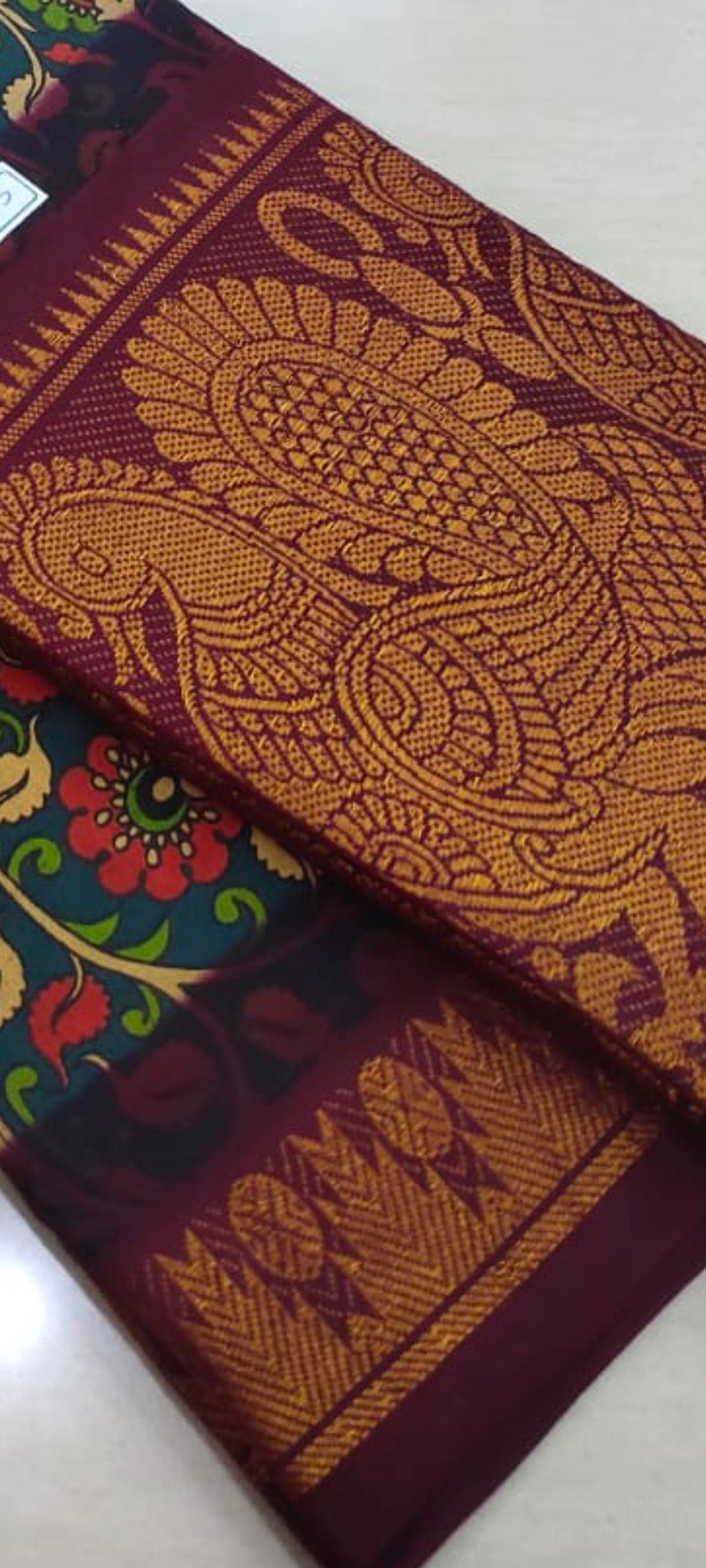 Mayuri Sungudi Kalamkari print Cotton Saree with big border