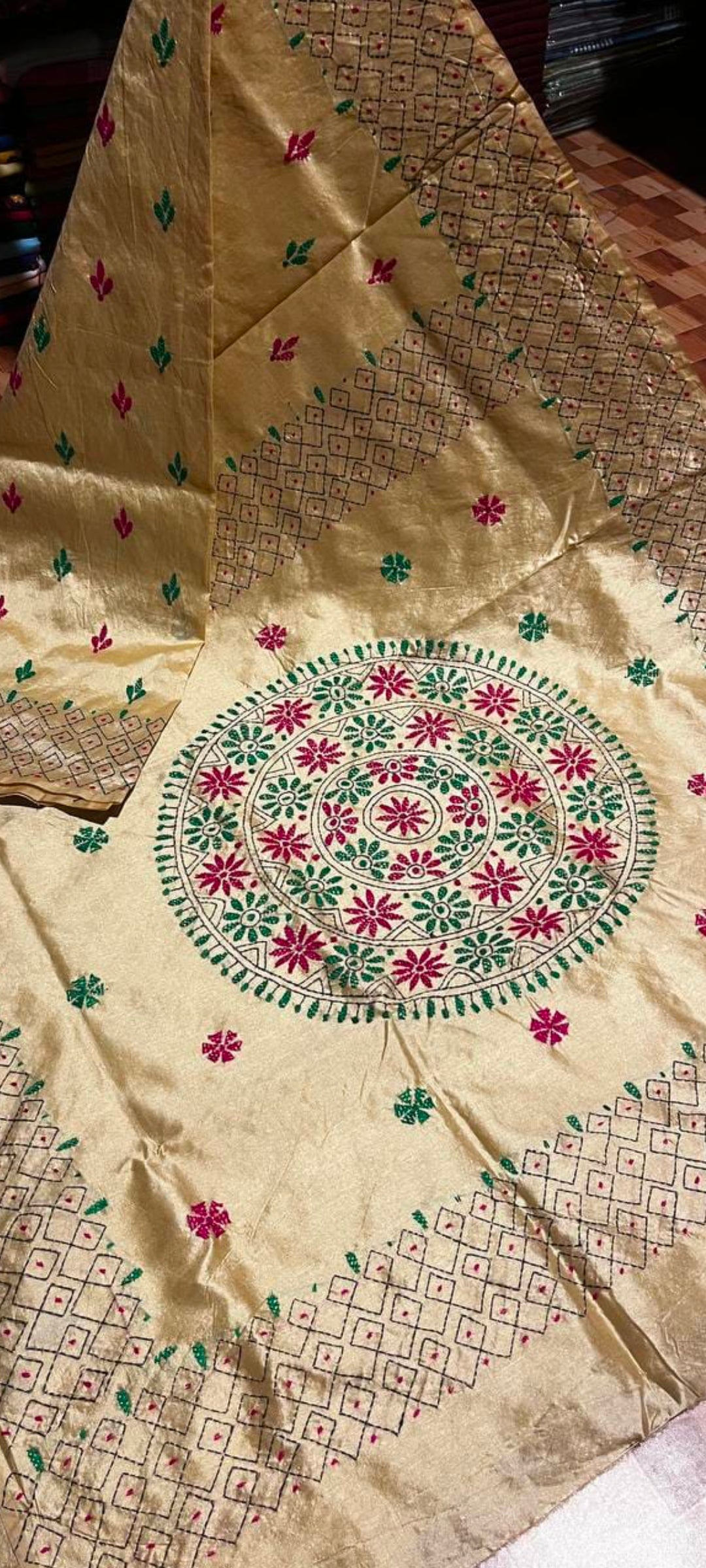 Stunning Assam silk with Kantha hand-stitch work