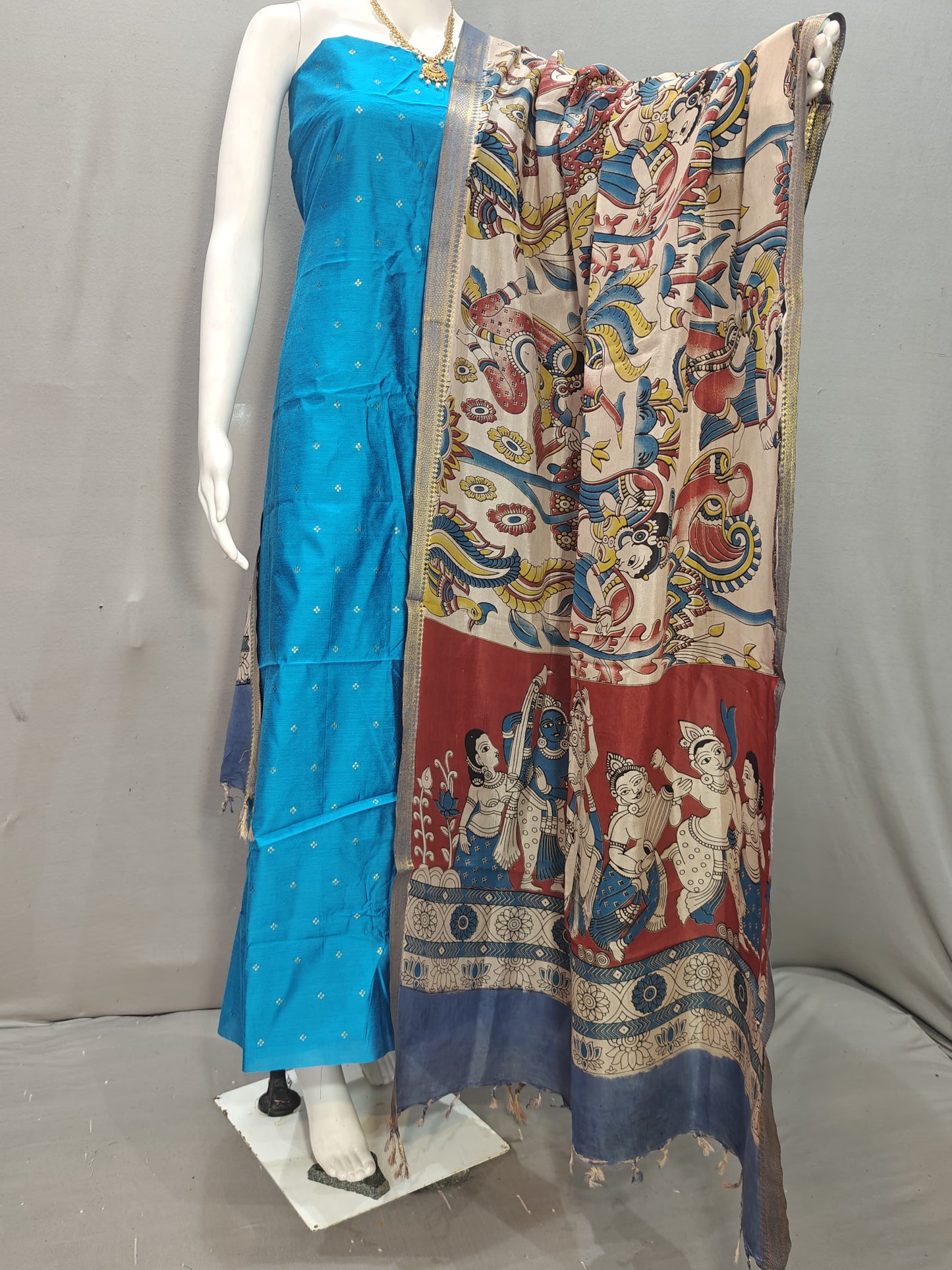 Beautiful Raw Silk top material with Kalamkari Duppatta