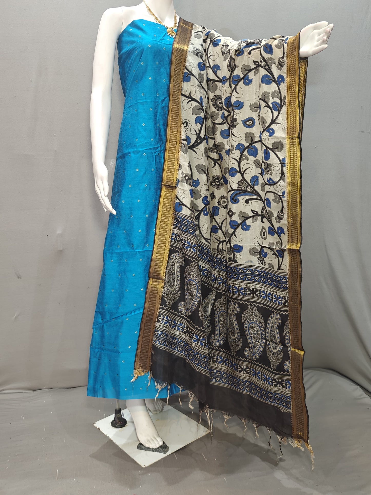 Beautiful Raw Silk top material with Kalamkari Duppatta