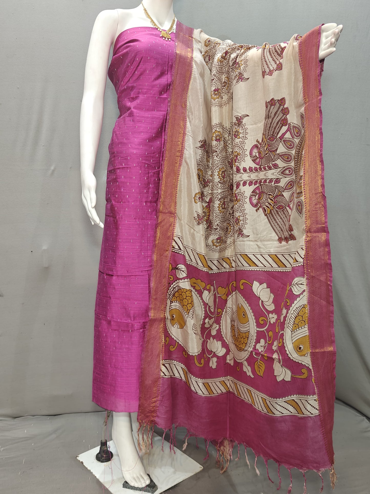Beautiful Raw Silk top material with Kalamkari Duppatta