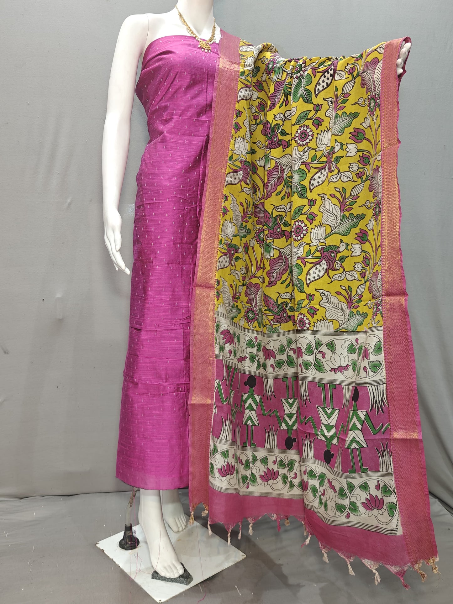 Beautiful Raw Silk top material with Kalamkari Duppatta