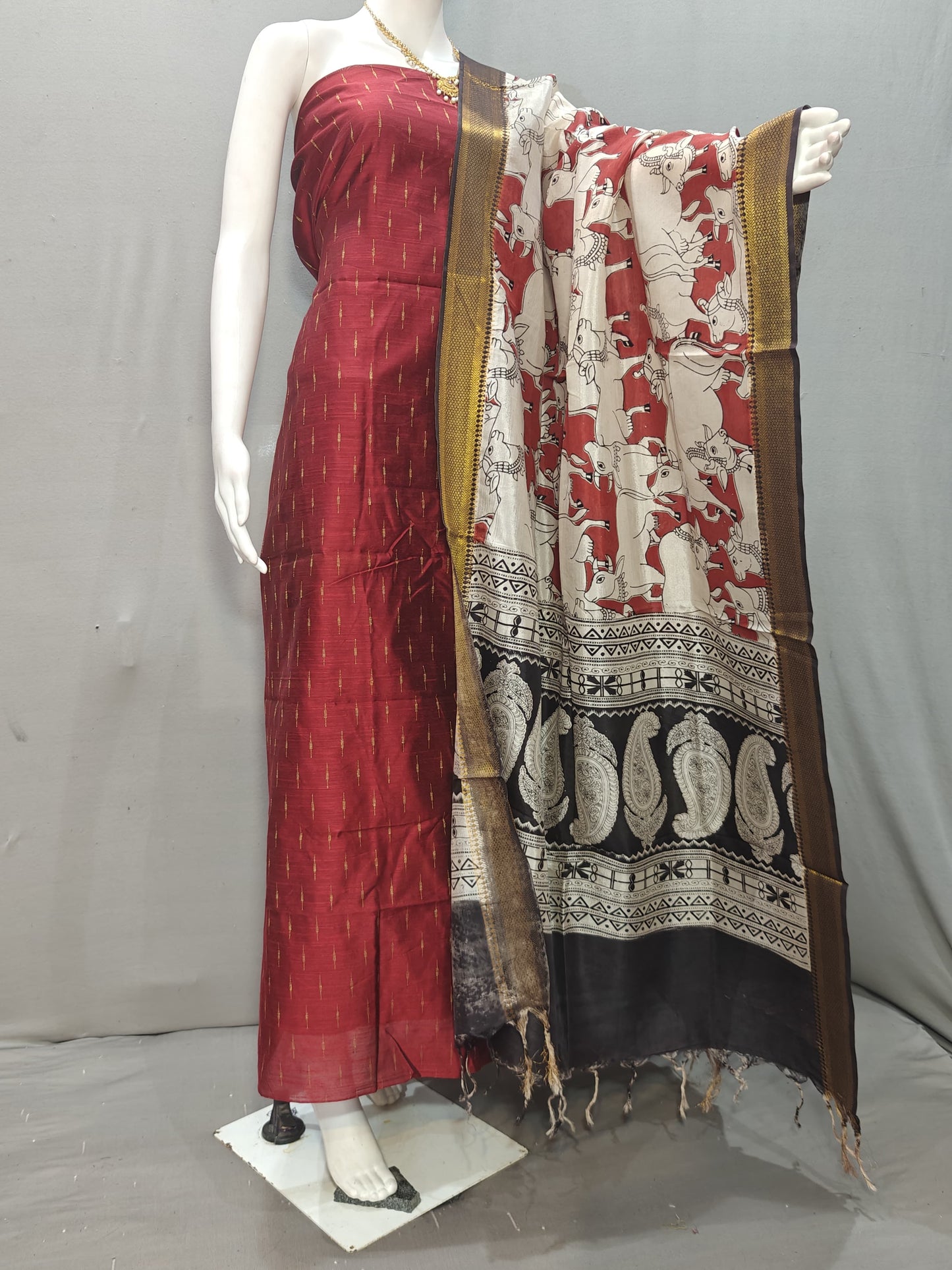 Beautiful Raw Silk top material with Kalamkari Duppatta