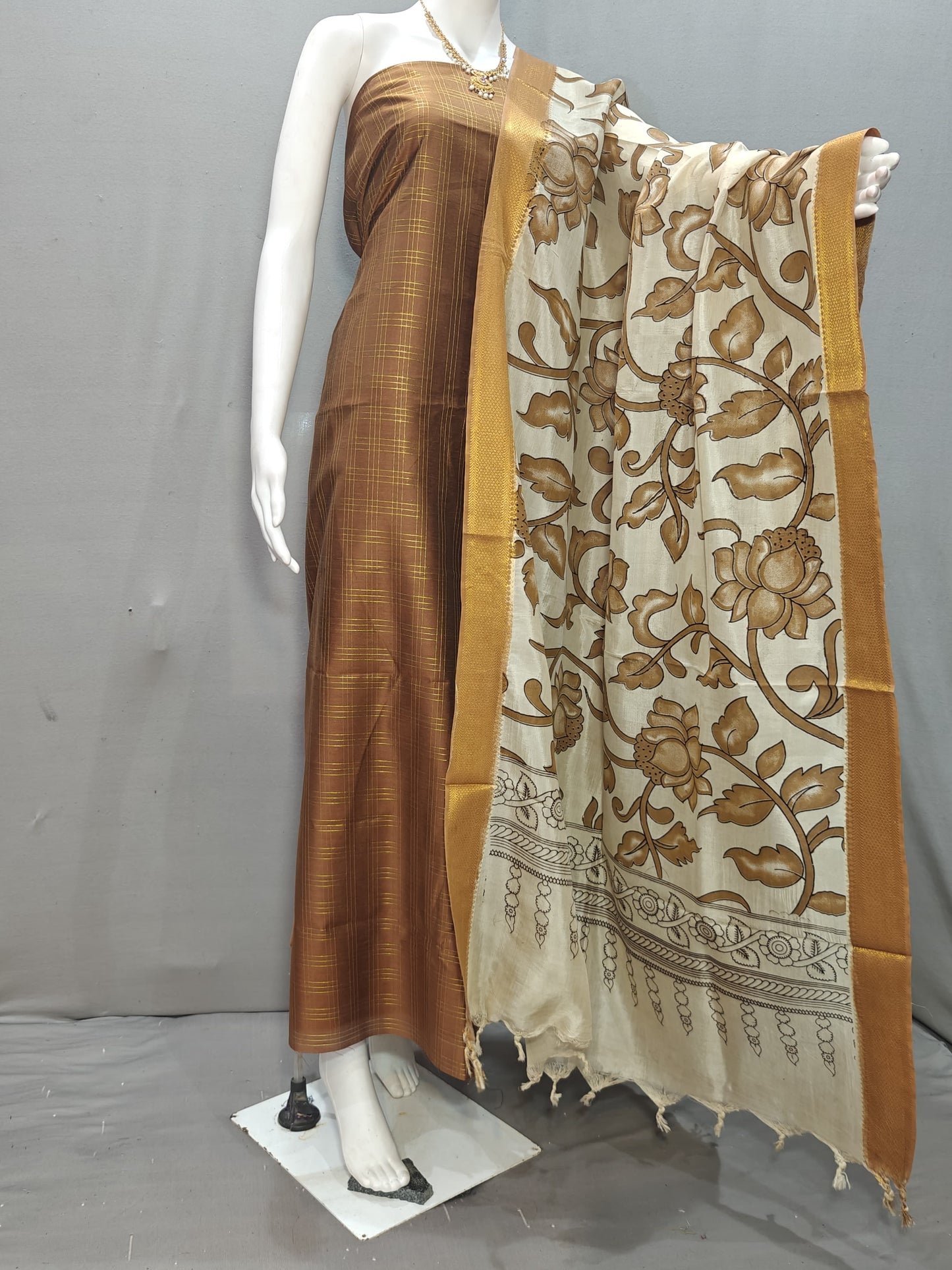Beautiful Raw Silk top material with Kalamkari Duppatta