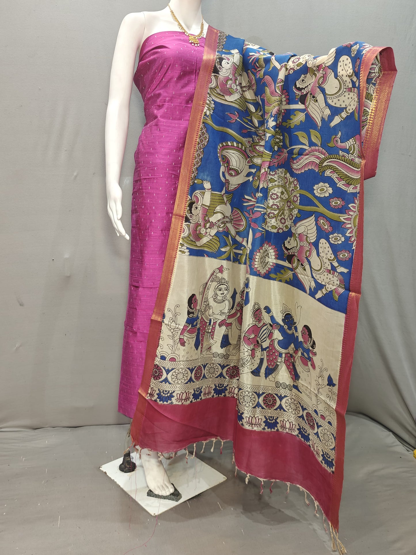 Beautiful Raw Silk top material with Kalamkari Duppatta