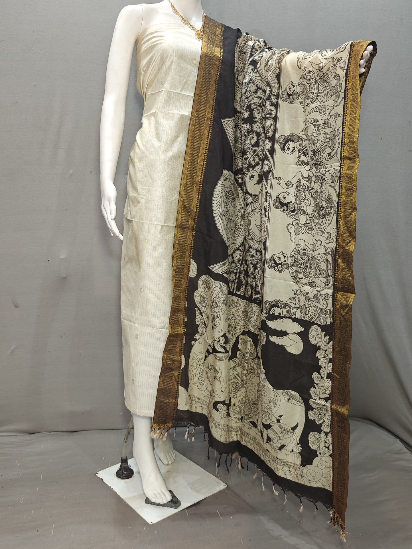 Beautiful Raw Silk top material with Kalamkari Duppatta