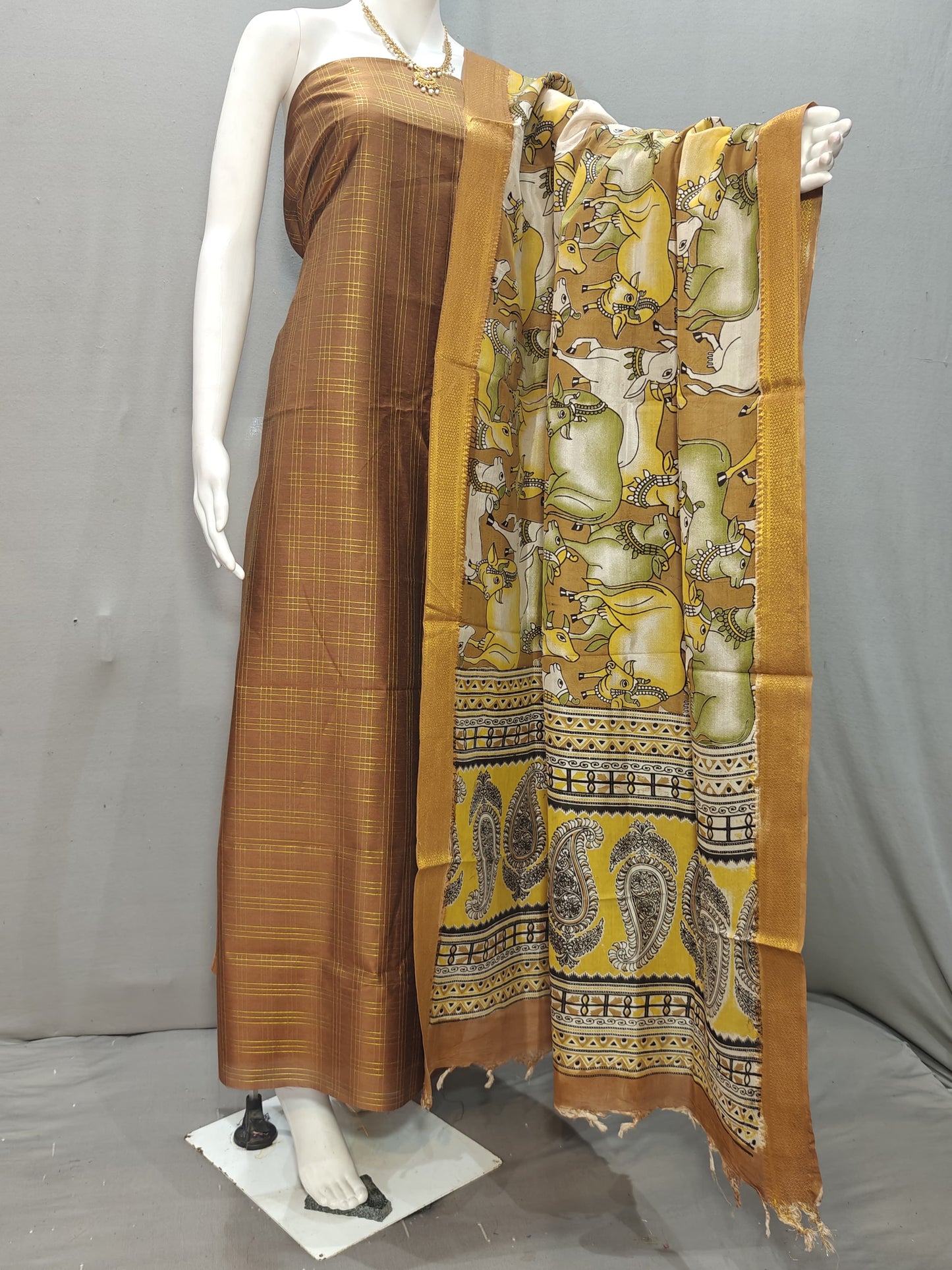 Beautiful Raw Silk top material with Kalamkari Duppatta