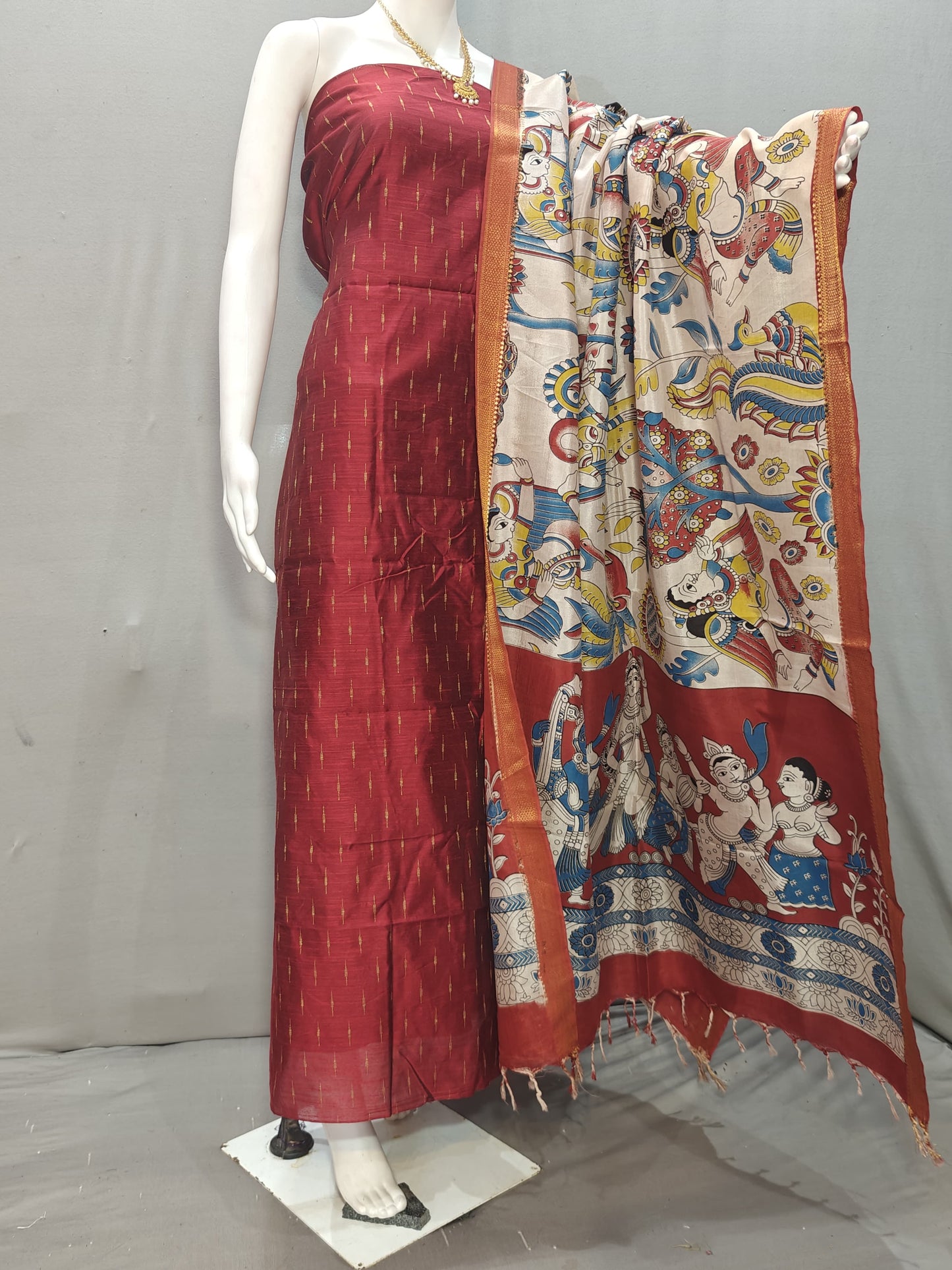Beautiful Raw Silk top material with Kalamkari Duppatta