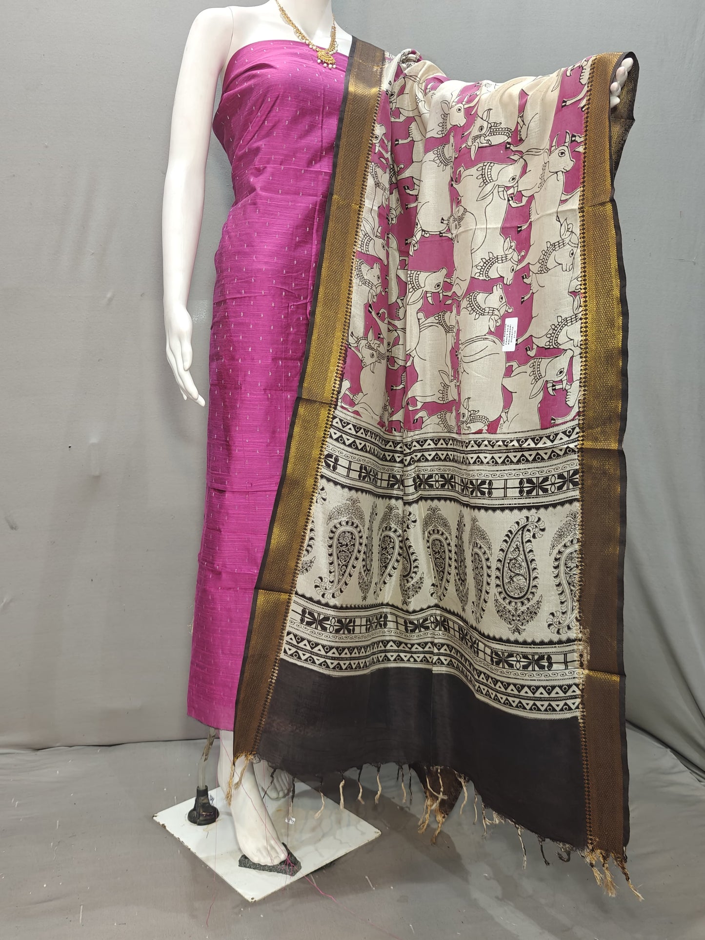 Beautiful Raw Silk top material with Kalamkari Duppatta