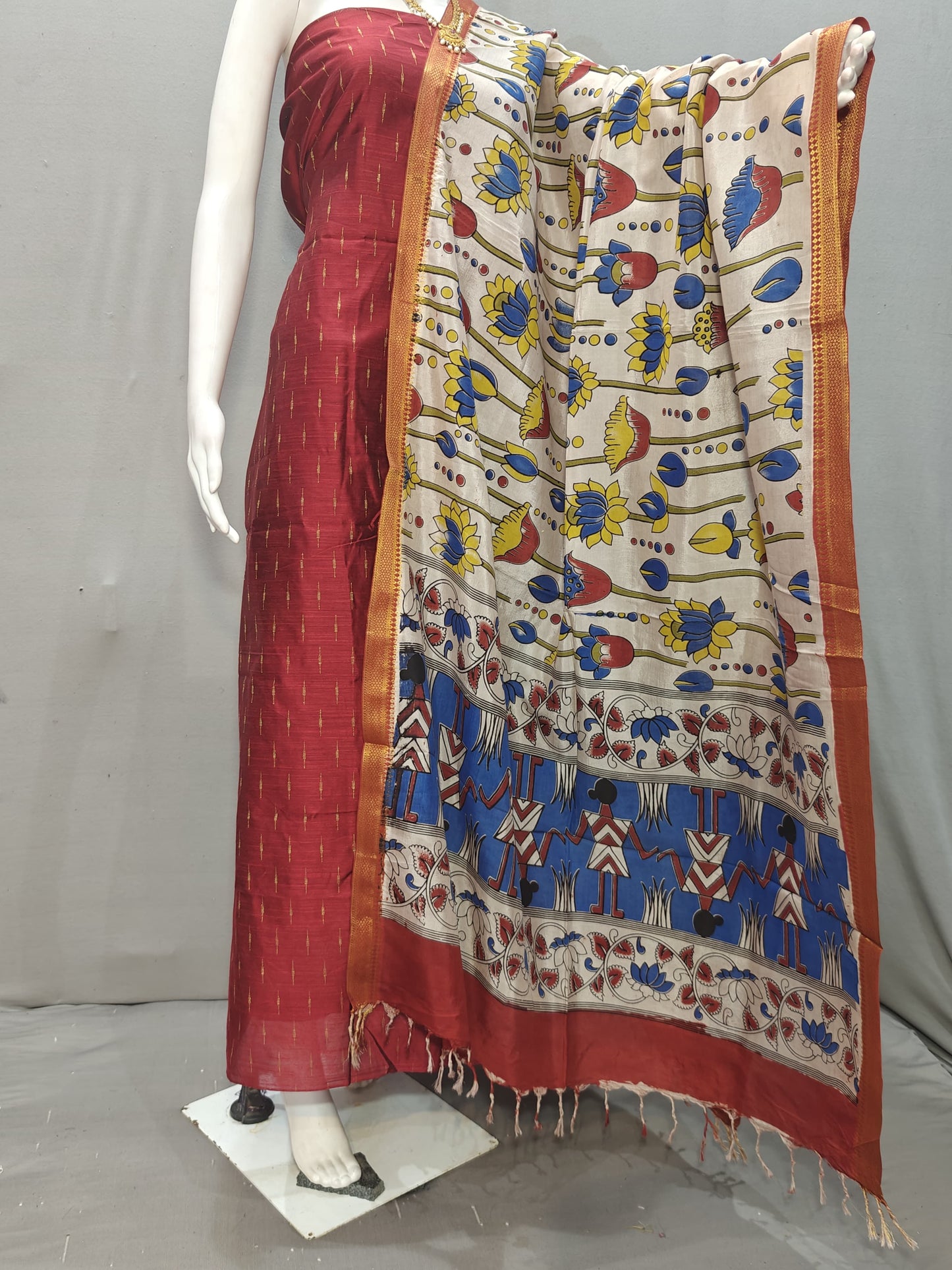 Beautiful Raw Silk top material with Kalamkari Duppatta