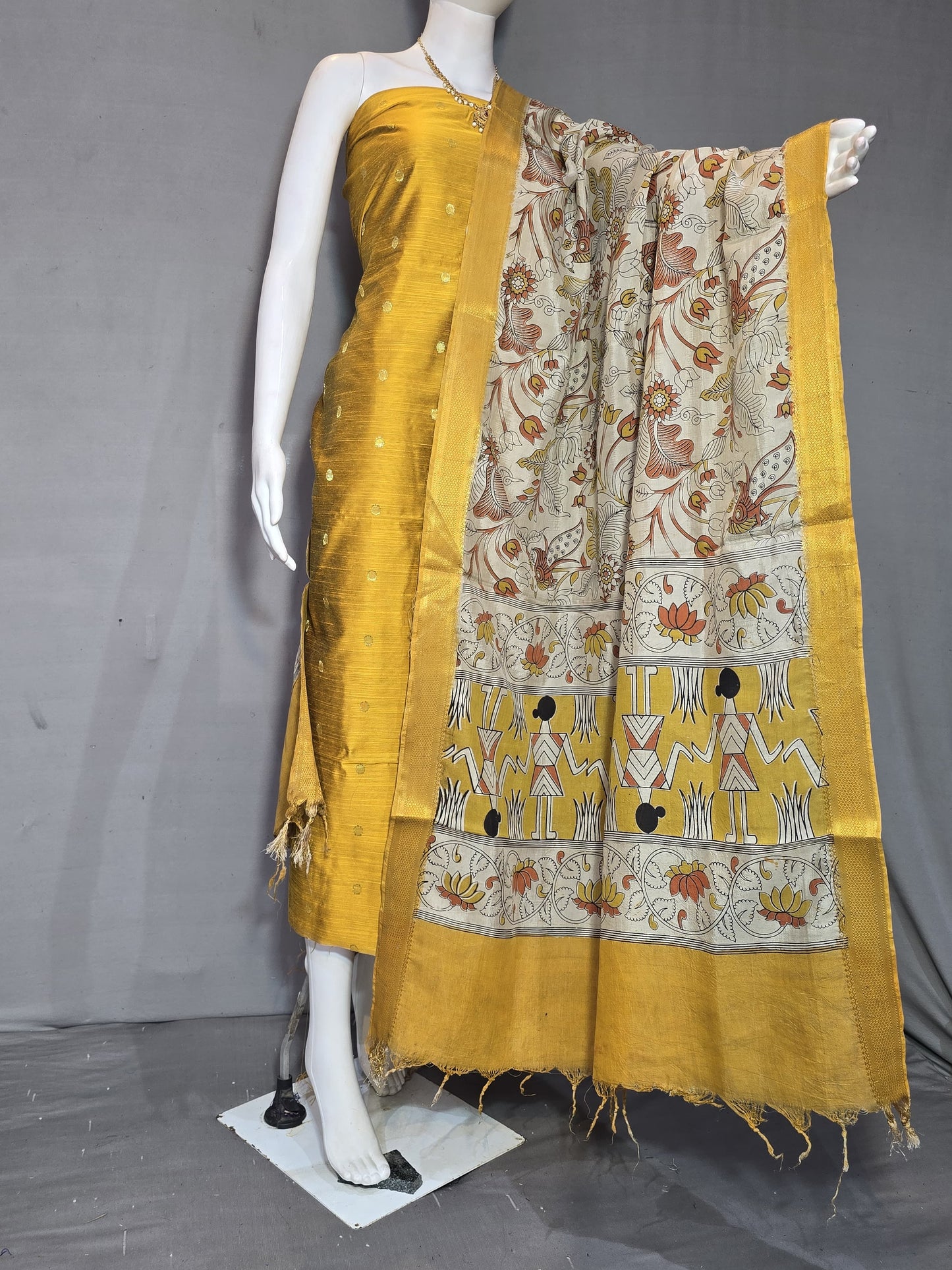 Beautiful Raw Silk top material with Kalamkari Duppatta