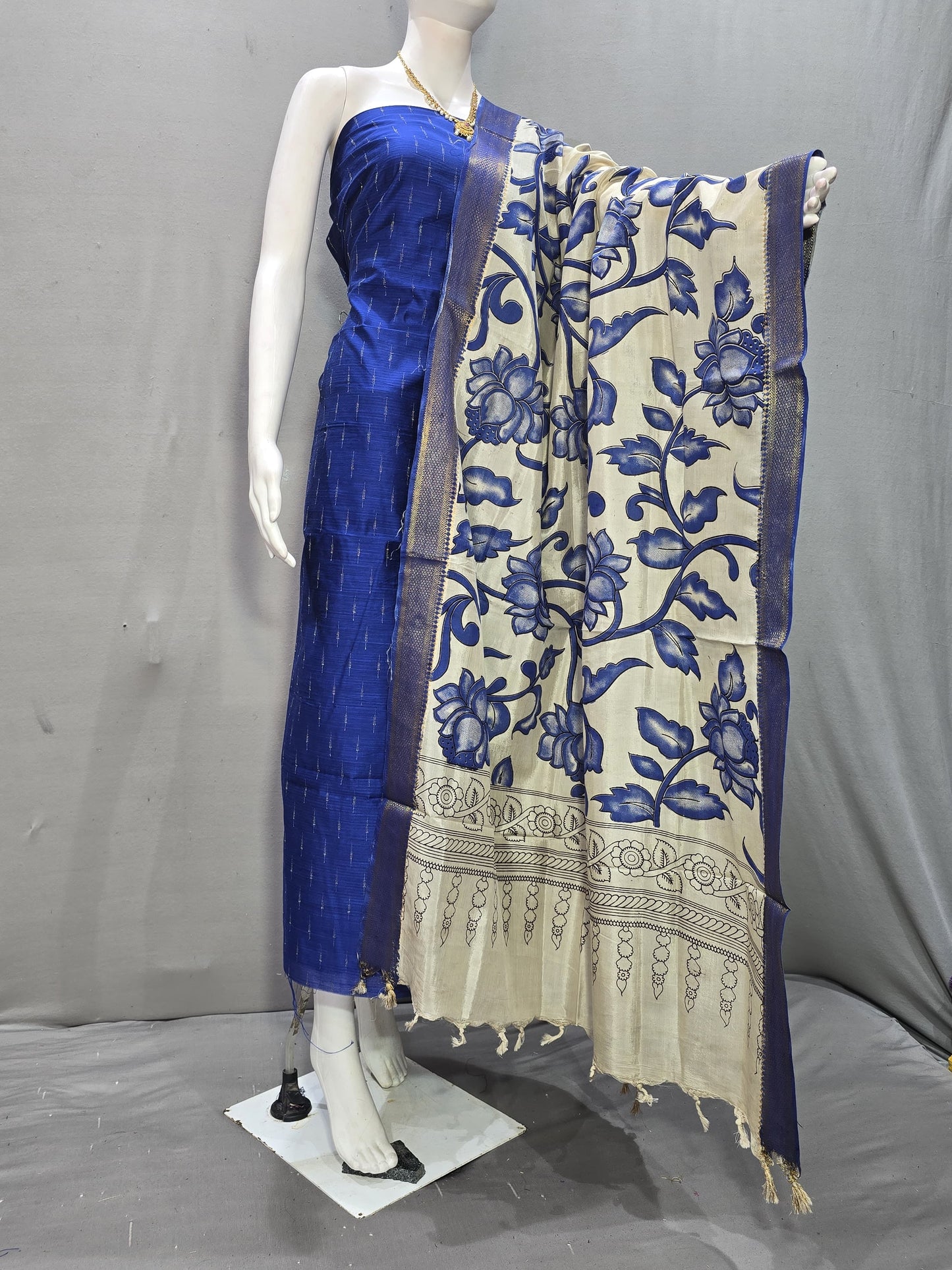 Beautiful Raw Silk top material with Kalamkari Duppatta
