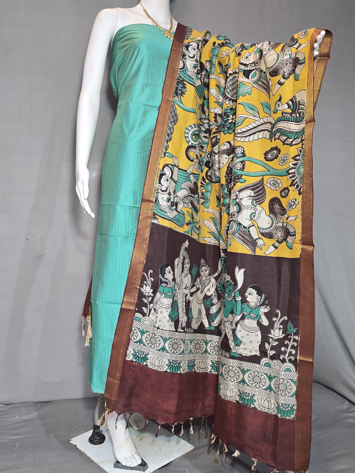 Beautiful Raw Silk top material with Kalamkari Duppatta