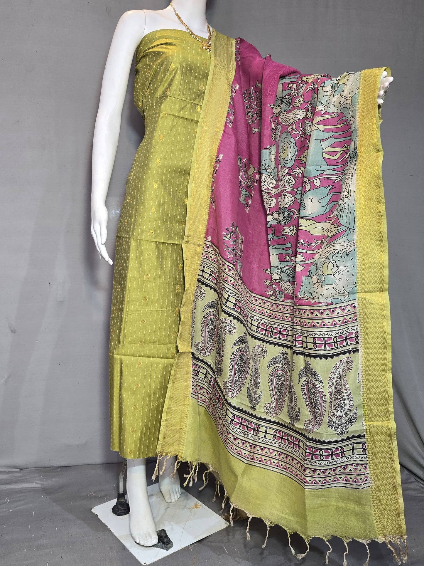 Beautiful Raw Silk top material with Kalamkari Duppatta