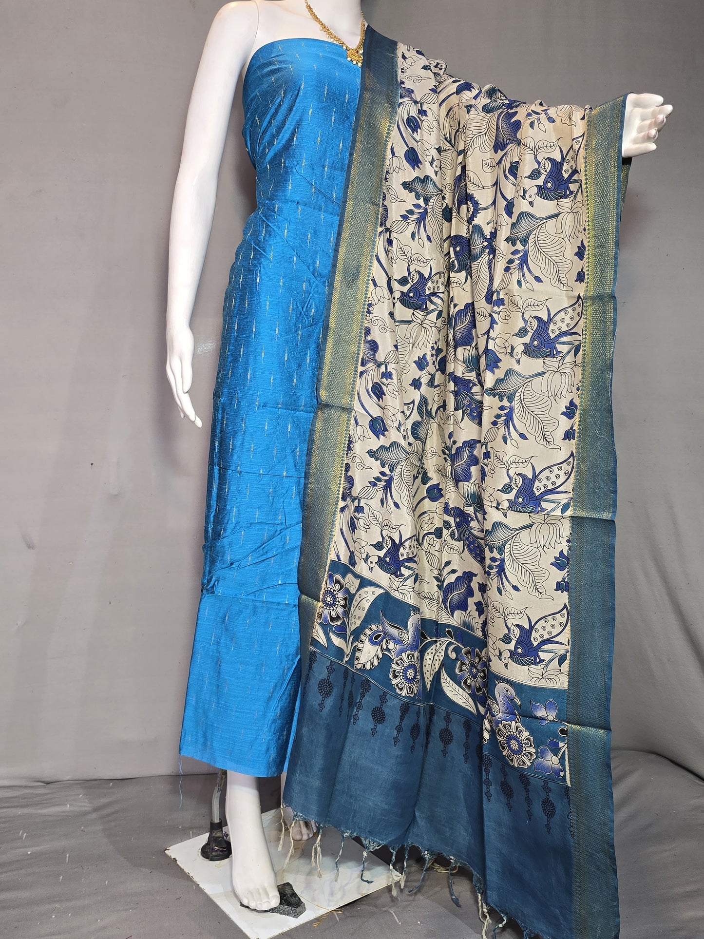 Beautiful Raw Silk top material with Kalamkari Duppatta