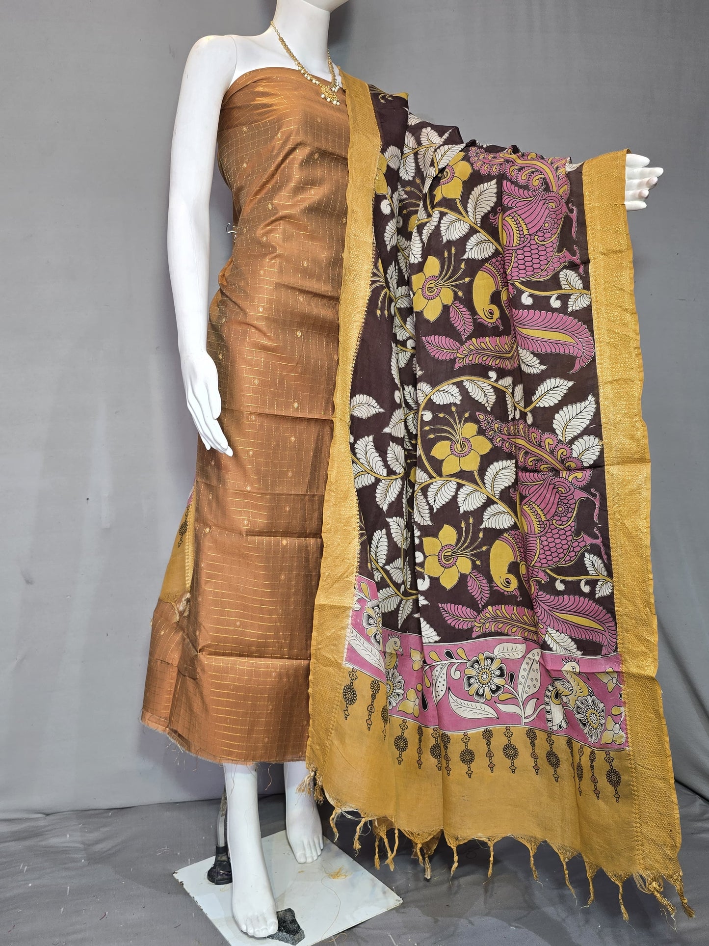 Beautiful Raw Silk top material with Kalamkari Duppatta