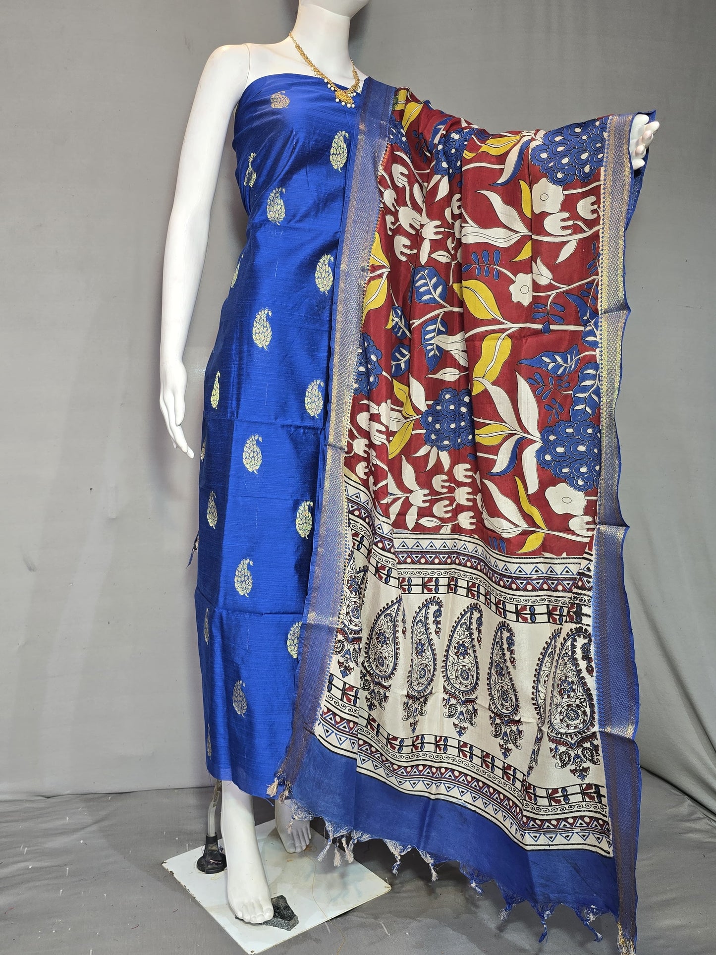 Beautiful Raw Silk top material with Kalamkari Duppatta