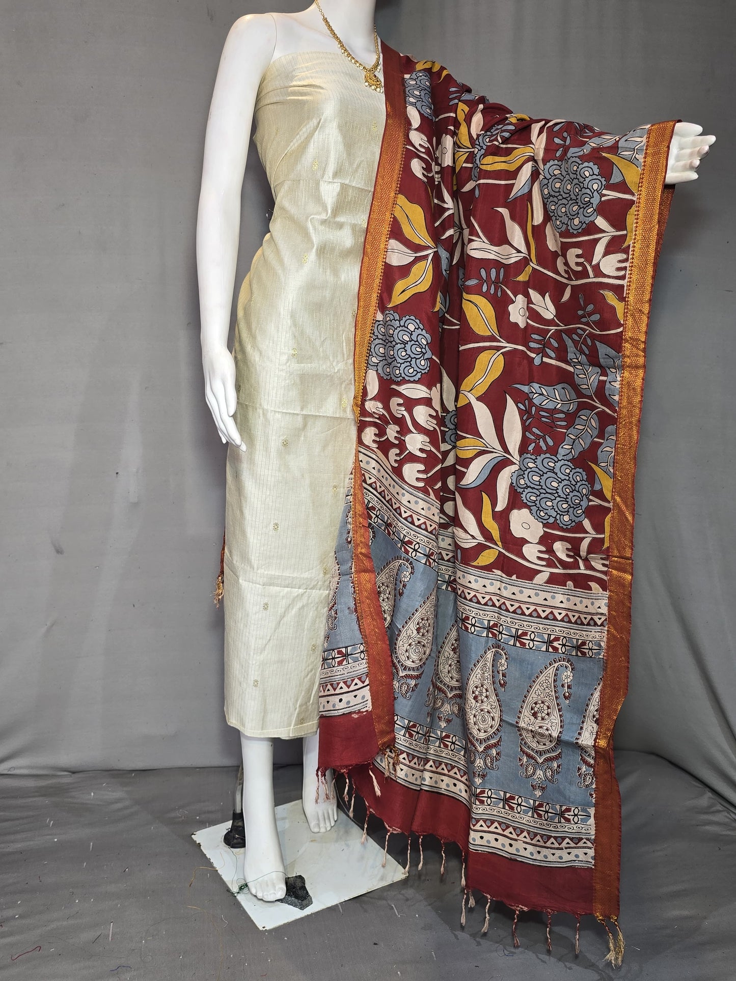 Beautiful Raw Silk top material with Kalamkari Duppatta