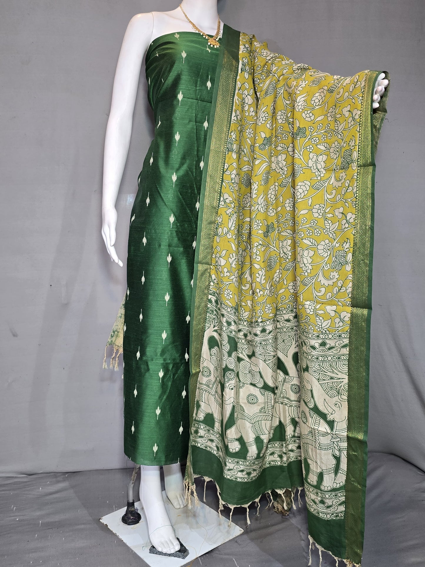 Beautiful Raw Silk top material with Kalamkari Duppatta