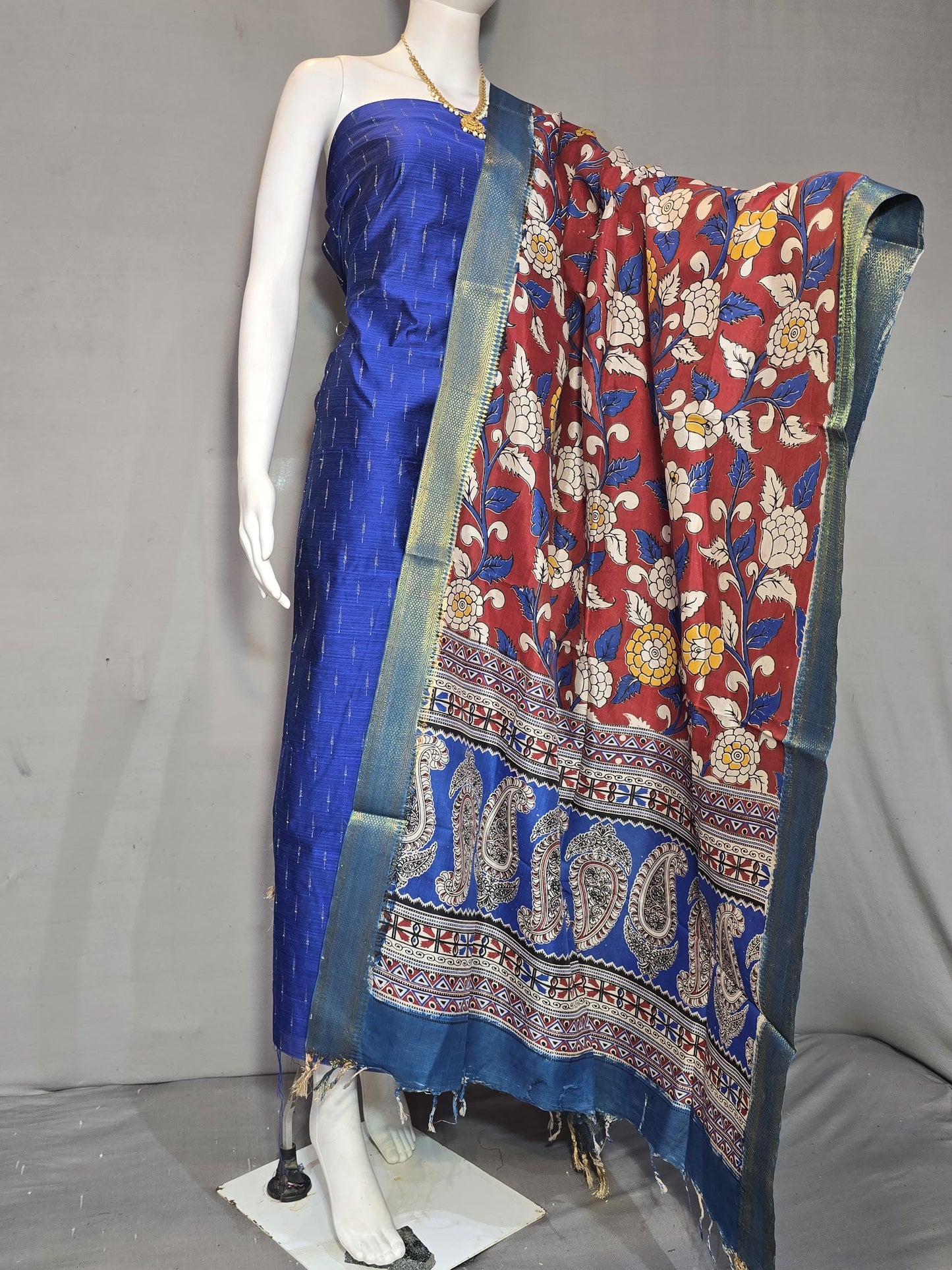 Beautiful Raw Silk top material with Kalamkari Duppatta