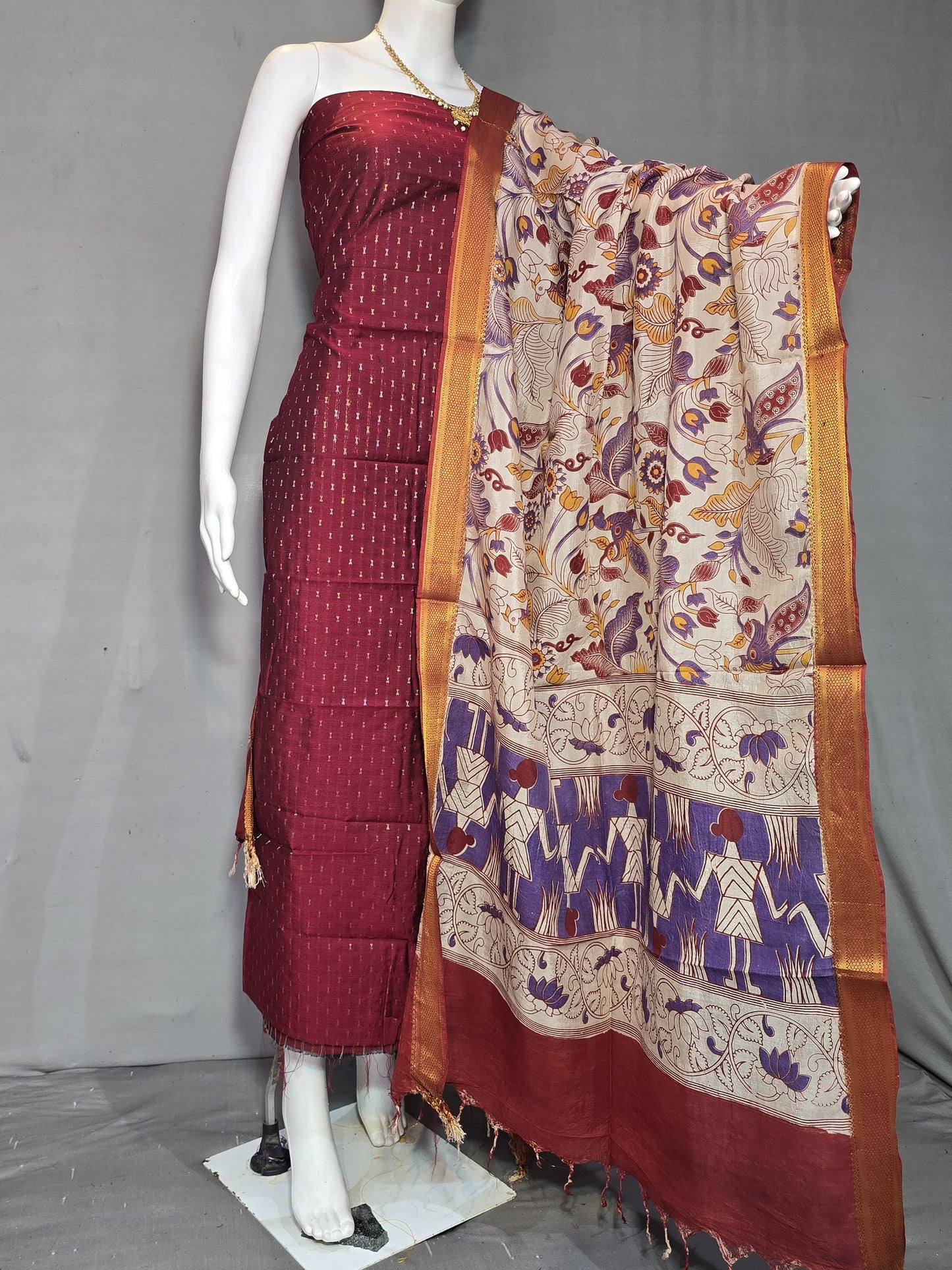Beautiful Raw Silk top material with Kalamkari Duppatta