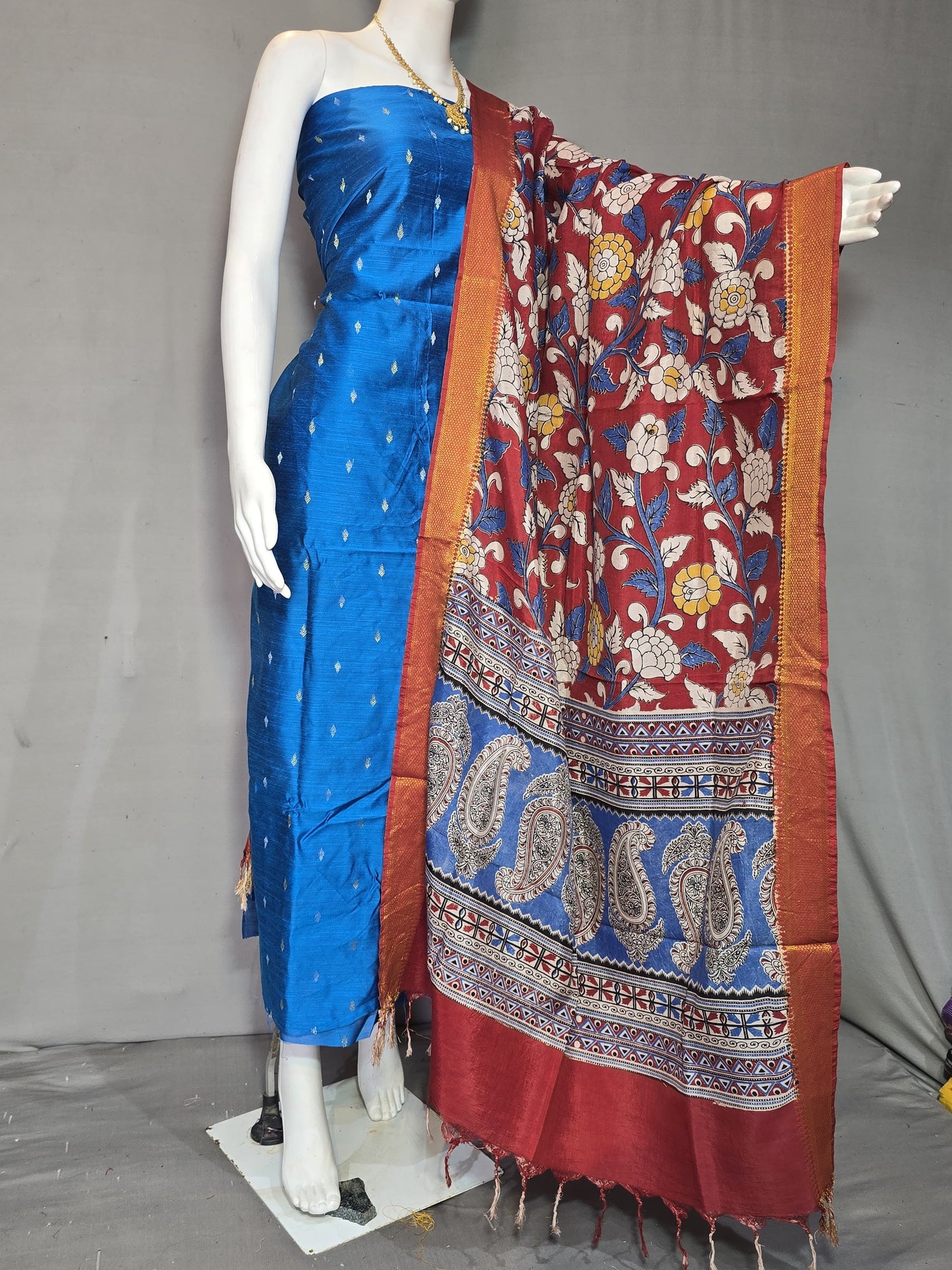 Beautiful Raw Silk top material with Kalamkari Duppatta