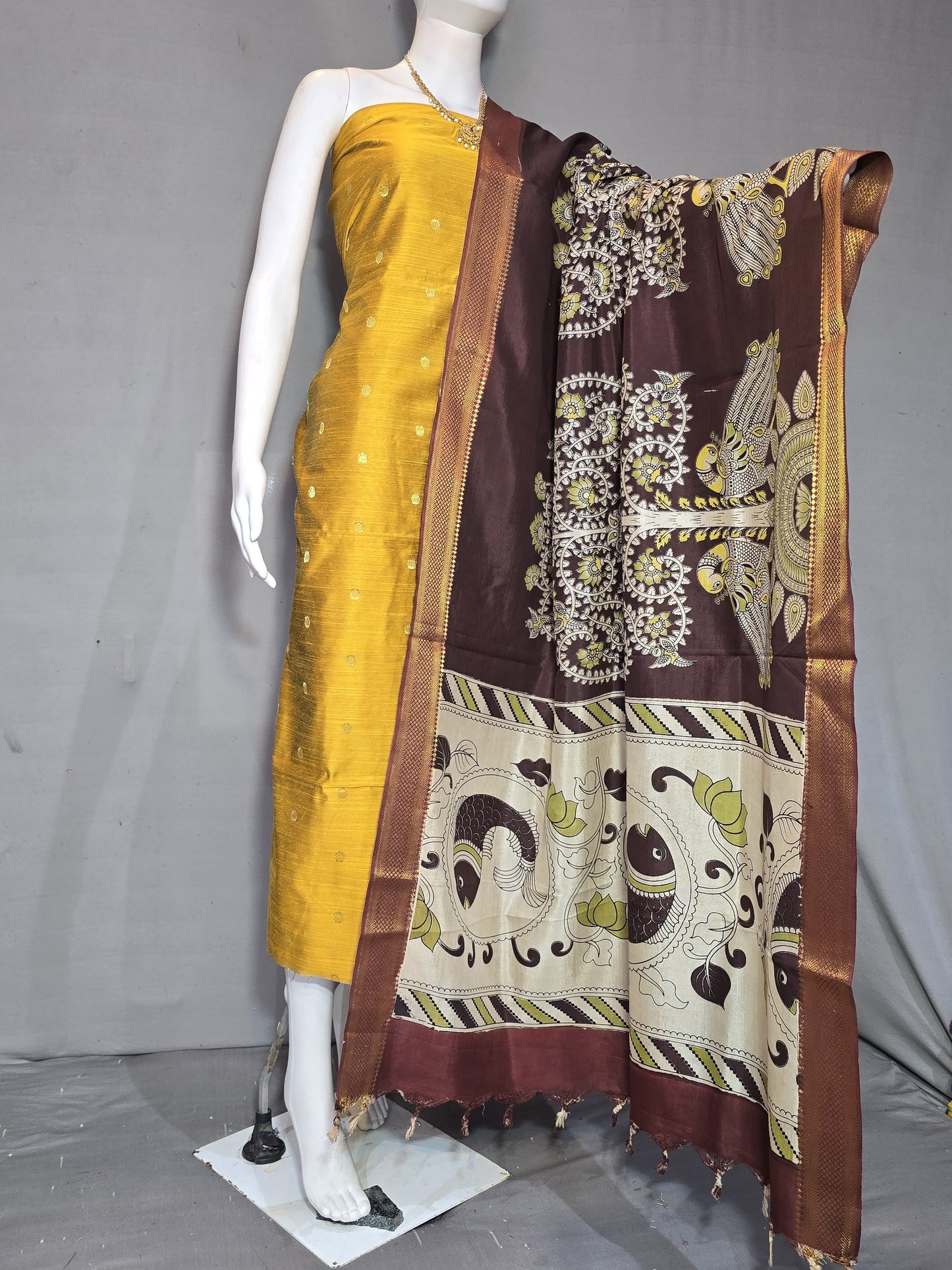 Beautiful Raw Silk top material with Kalamkari Duppatta