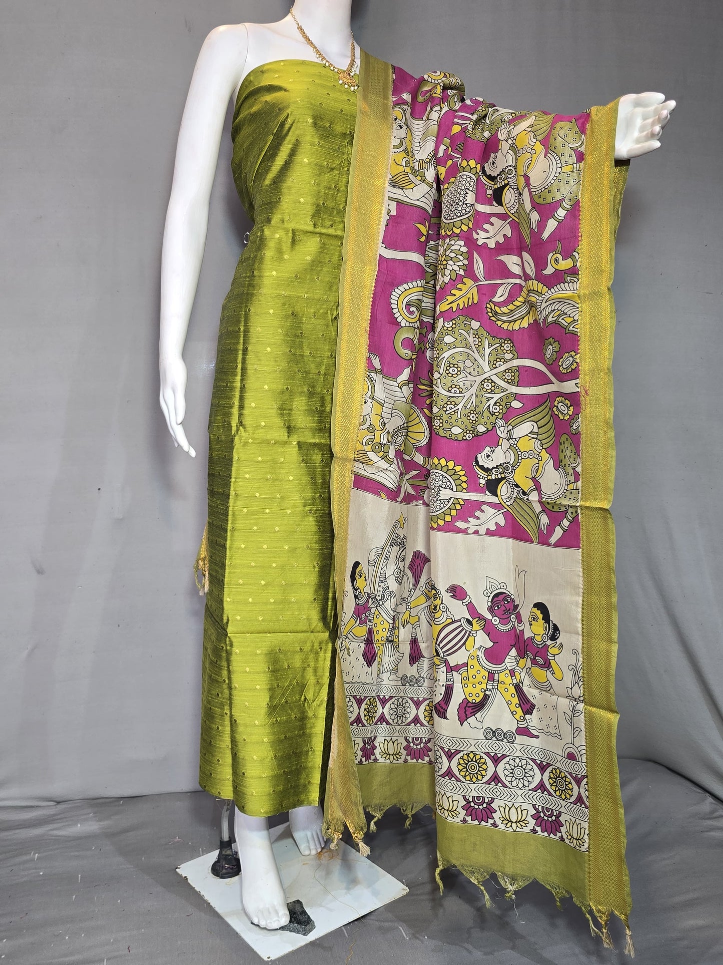 Beautiful Raw Silk top material with Kalamkari Duppatta