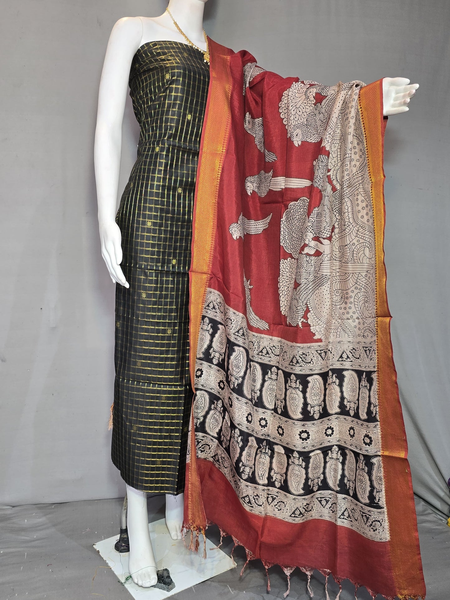 Beautiful Raw Silk top material with Kalamkari Duppatta