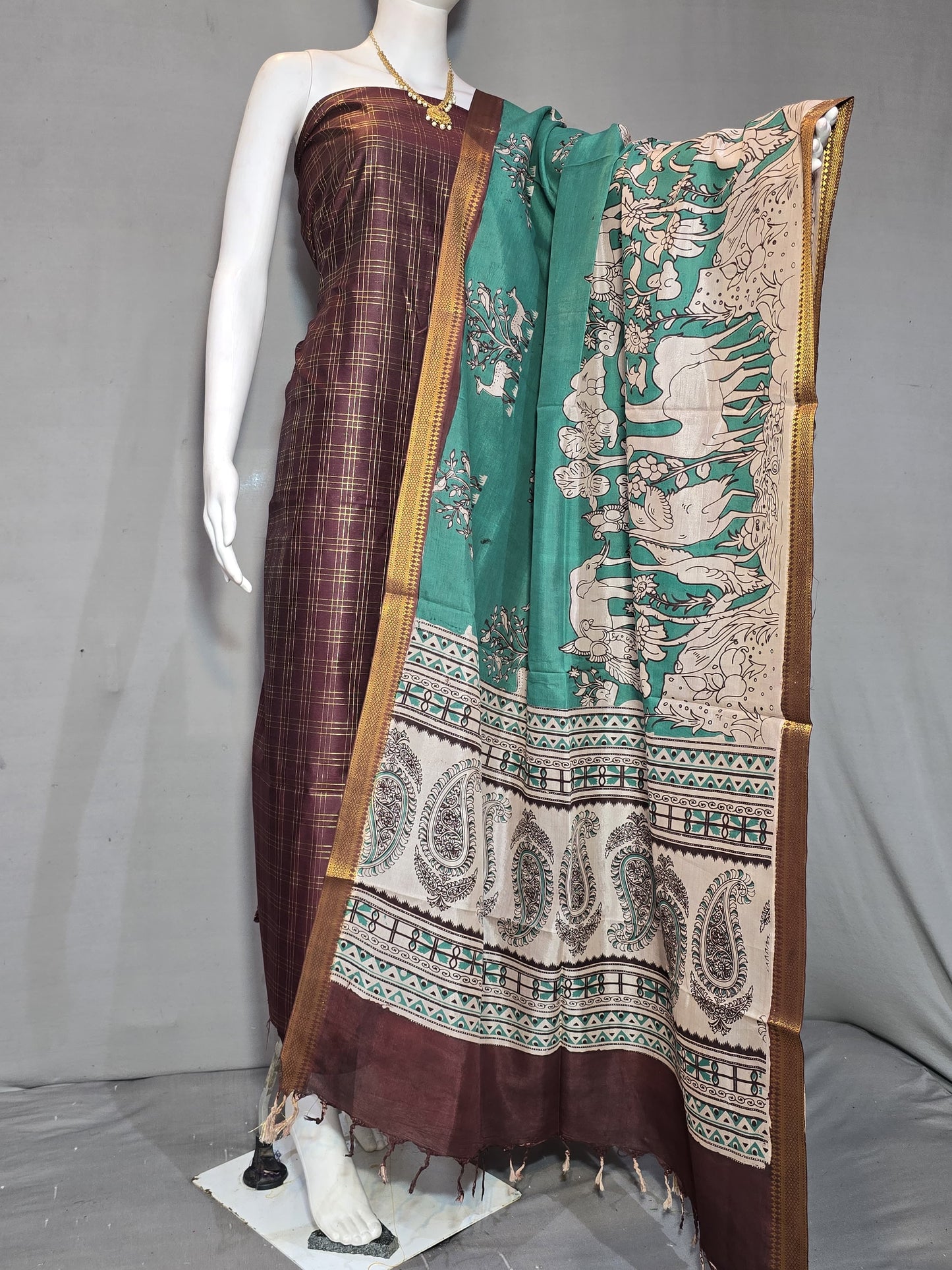 Beautiful Raw Silk top material with Kalamkari Duppatta