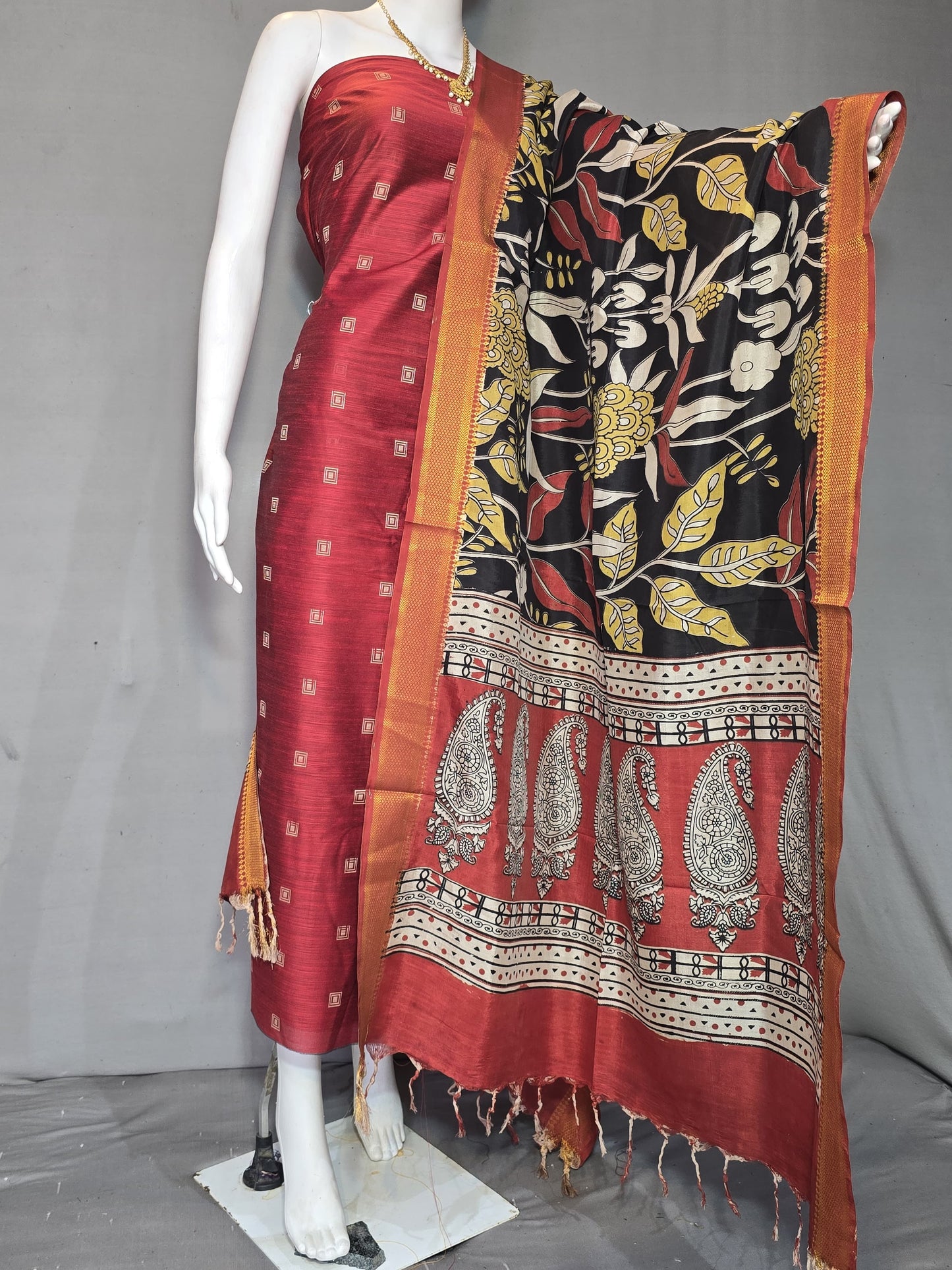 Beautiful Raw Silk top material with Kalamkari Duppatta