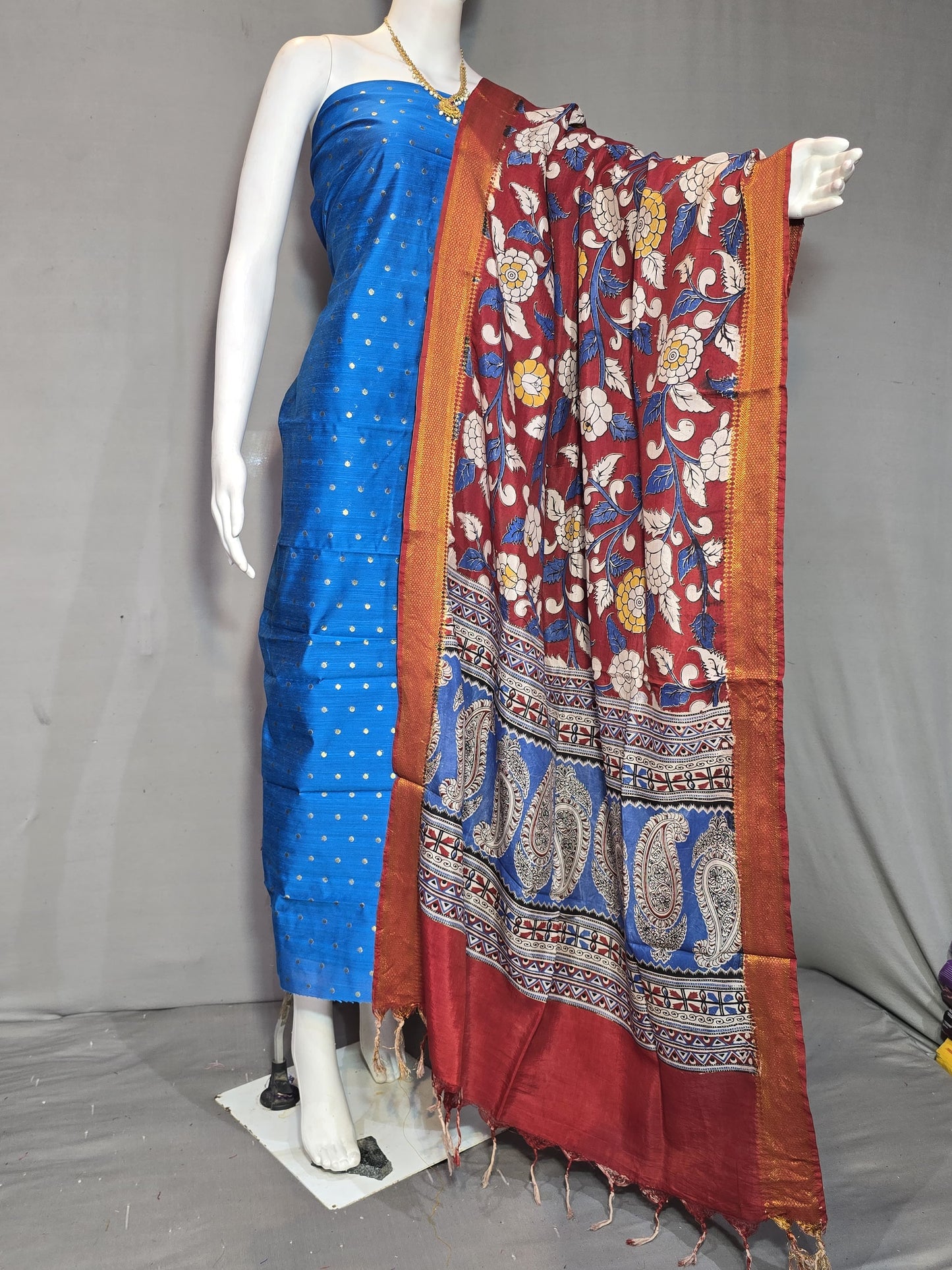 Beautiful Raw Silk top material with Kalamkari Duppatta