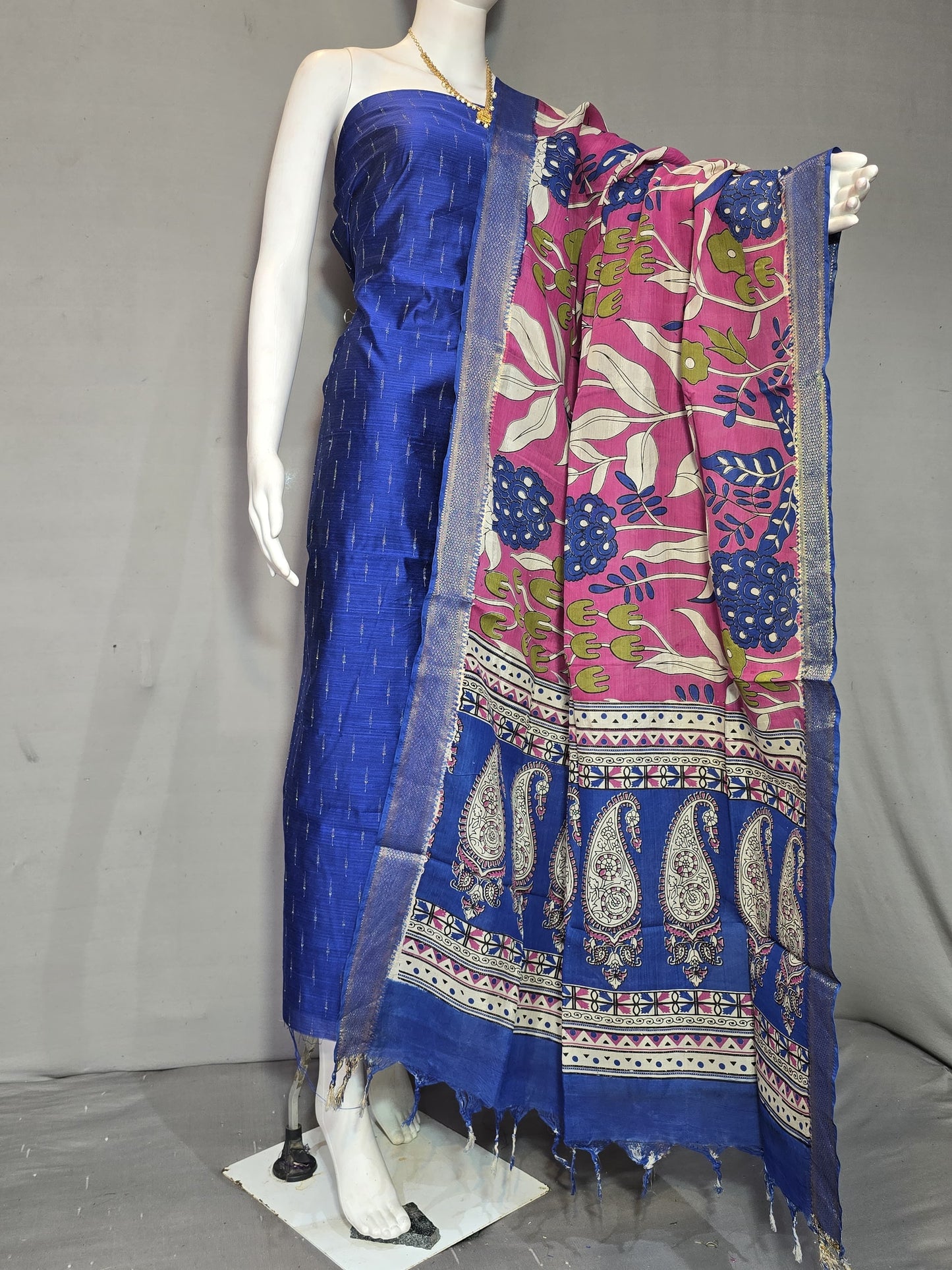Beautiful Raw Silk top material with Kalamkari Duppatta