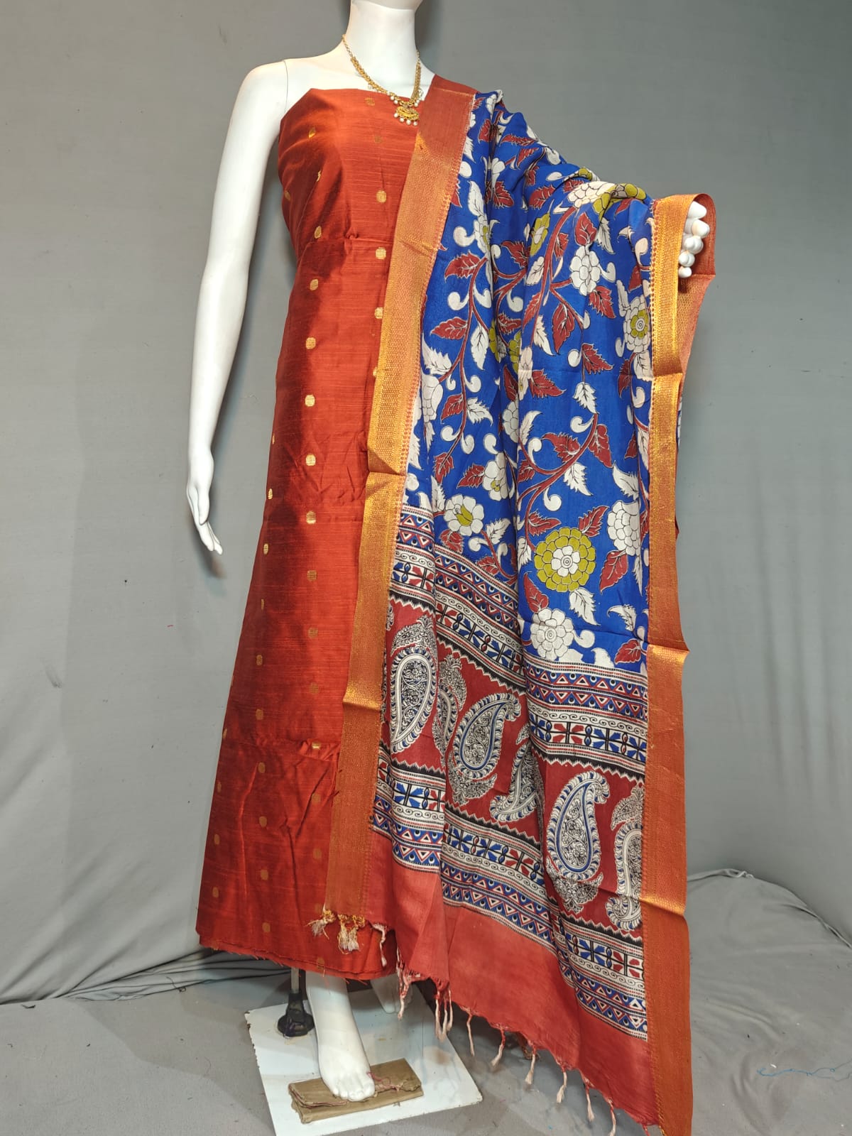 Beautiful Raw Silk top material with Kalamkari Duppatta
