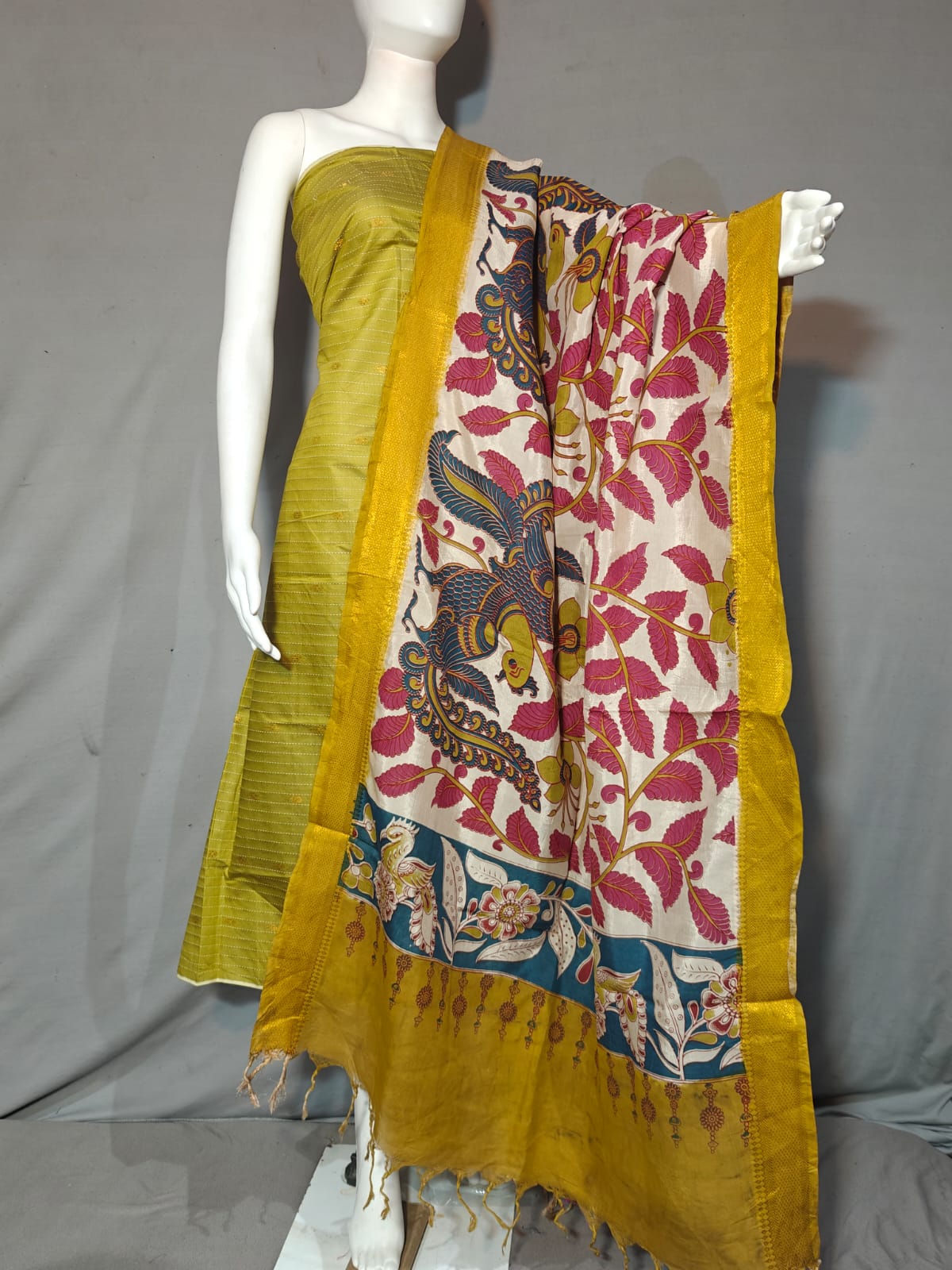 Beautiful Raw Silk top material with Kalamkari Duppatta