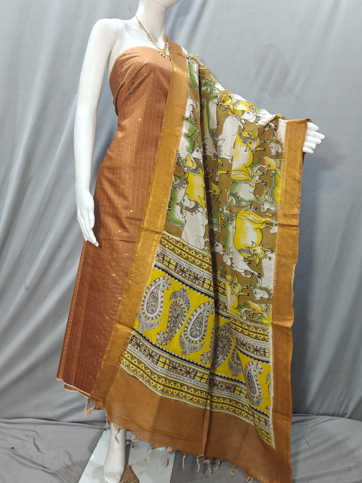Beautiful Raw Silk top material with Kalamkari Duppatta