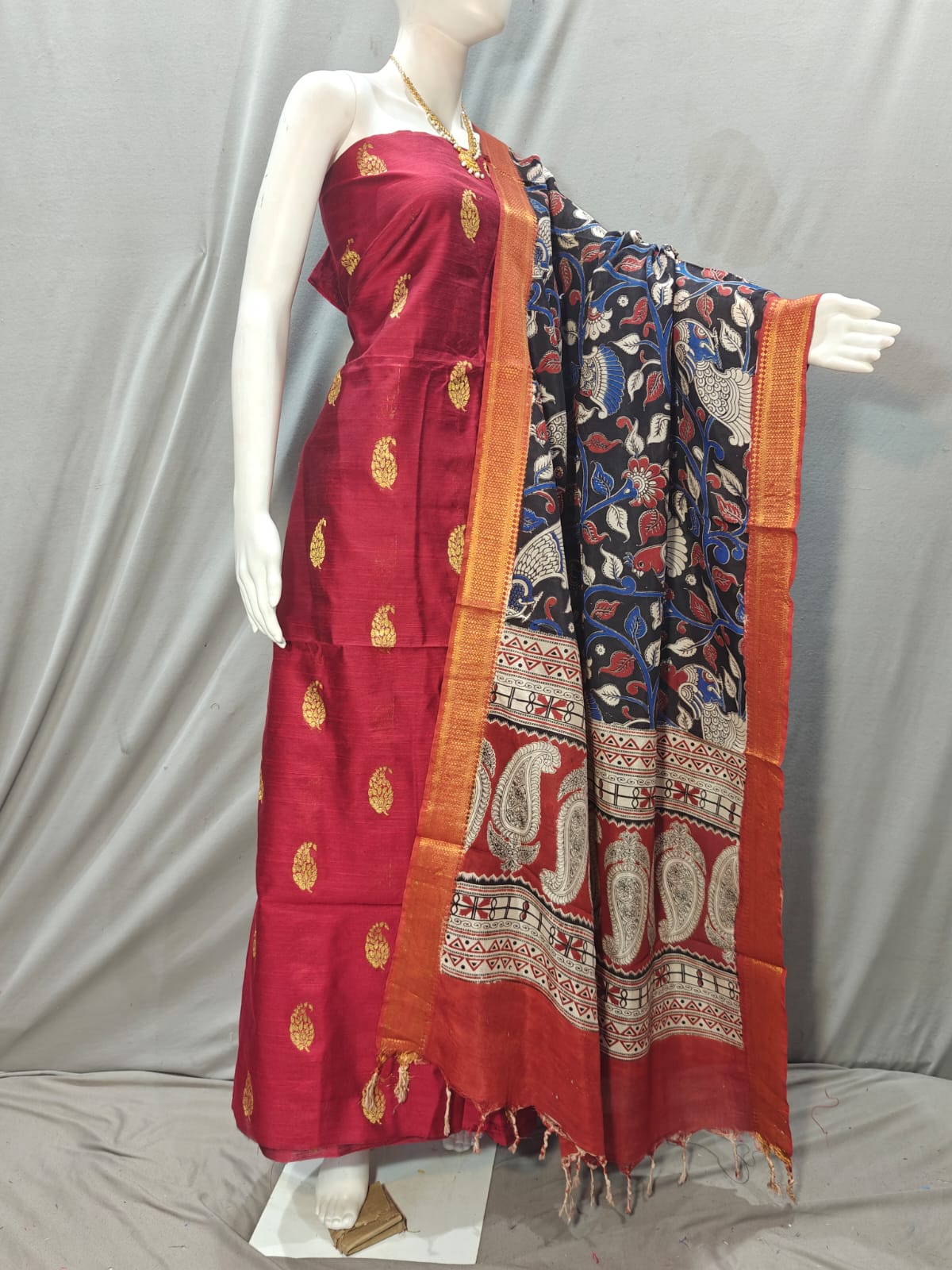 Beautiful Raw Silk top material with Kalamkari Duppatta