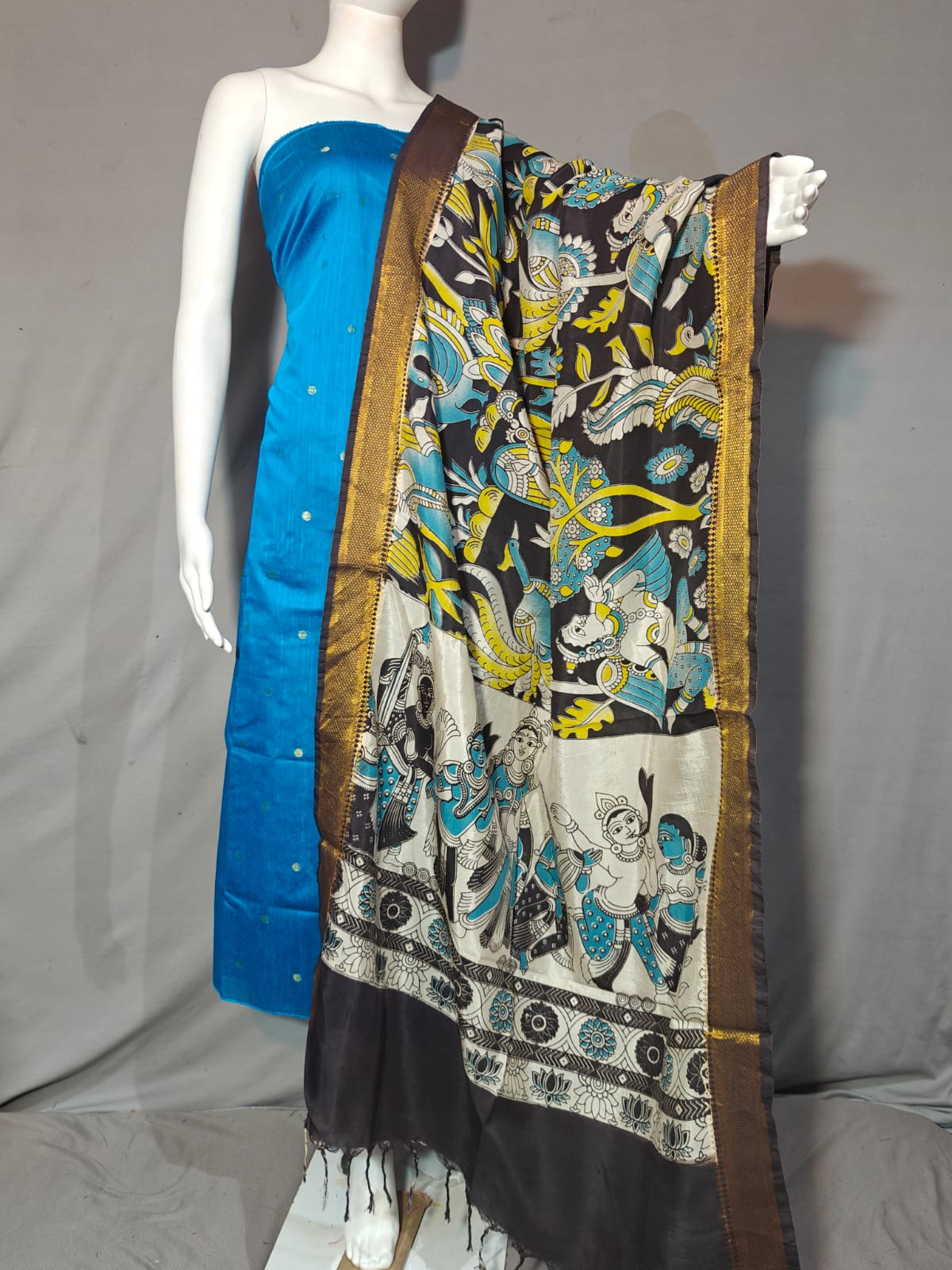 Beautiful Raw Silk top material with Kalamkari Duppatta