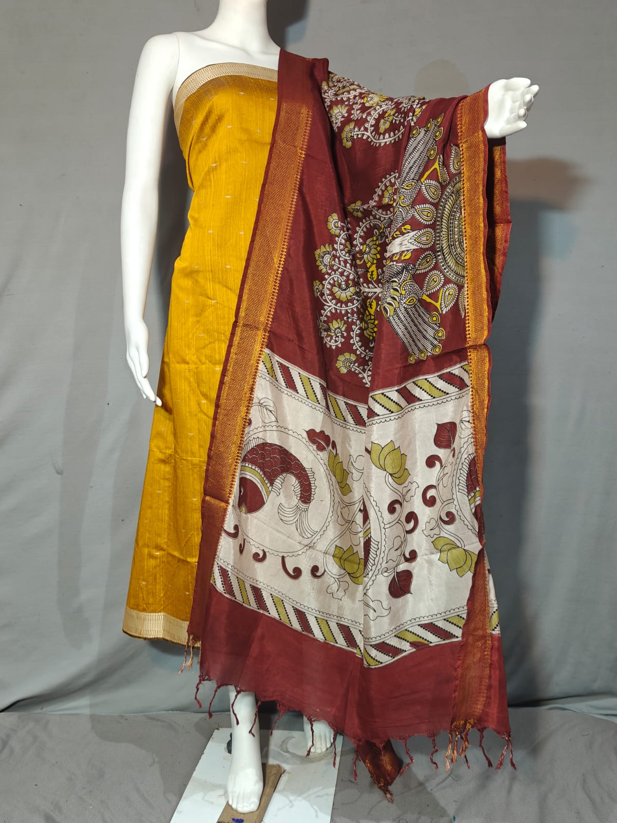 Beautiful Raw Silk top material with Kalamkari Duppatta