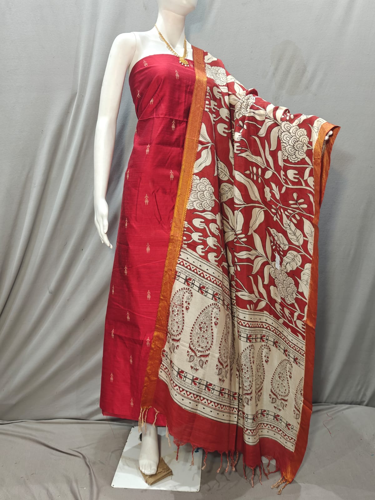 Beautiful Raw Silk top material with Kalamkari Duppatta